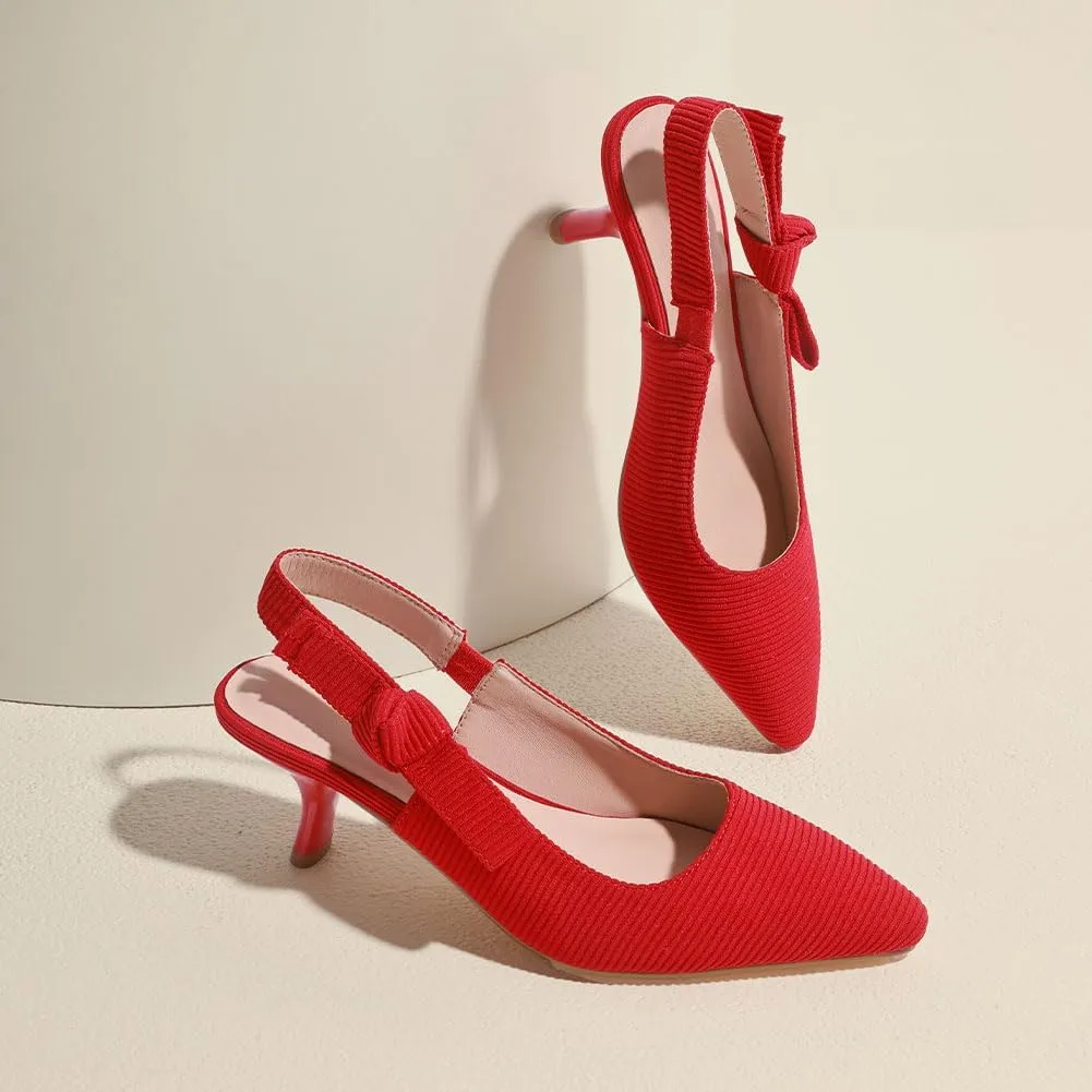 Erocalli Women's Low Kitten Bow Heels Slingback Dressy Pumps Pointed Closed Toe Elegant Wedding Pumps Formal Comfortable Shoes