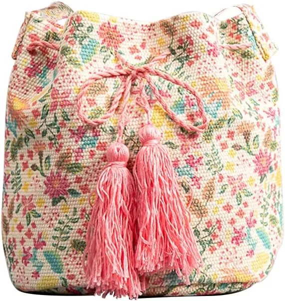 Ethnic Tote Bag for Women Canvas Handbag Bohemian Bucket Bag Retro Shoulder Crossbody Bag with Tassels