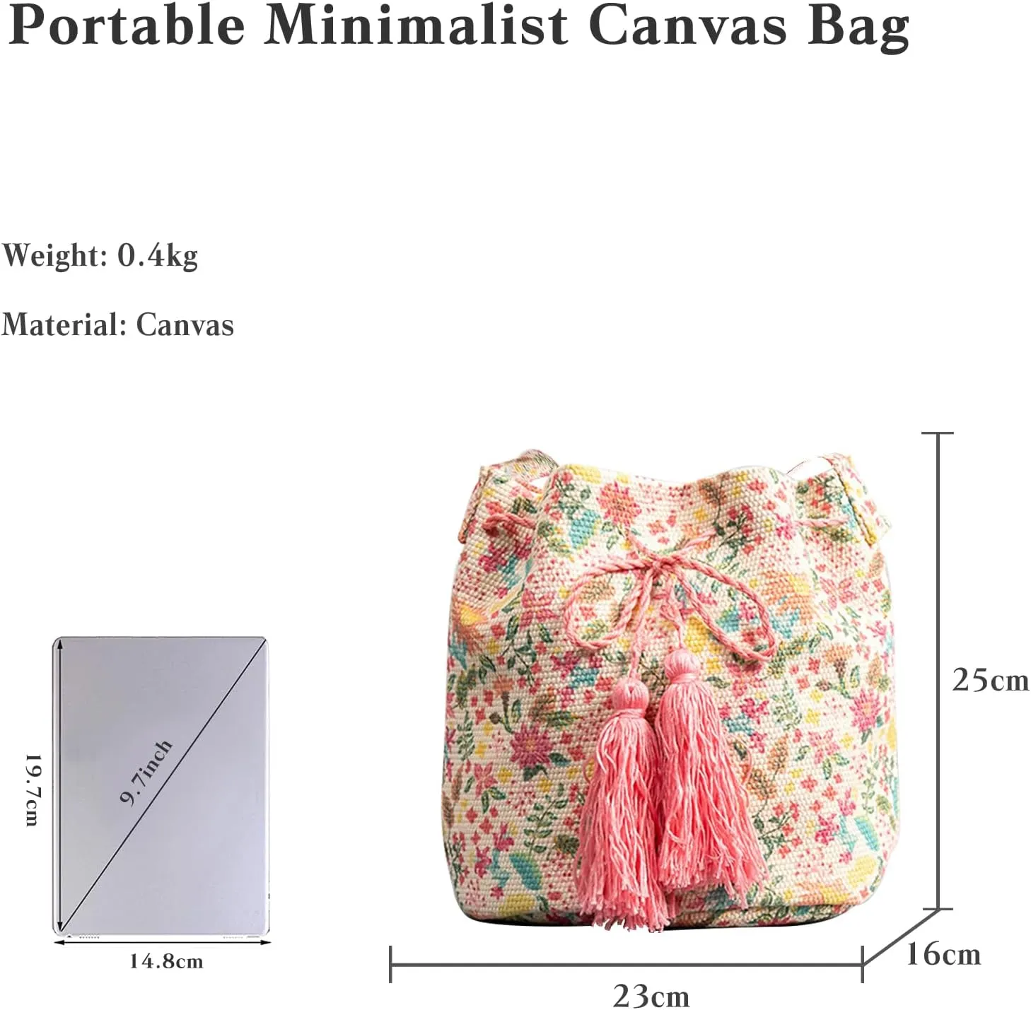 Ethnic Tote Bag for Women Canvas Handbag Bohemian Bucket Bag Retro Shoulder Crossbody Bag with Tassels