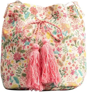 Ethnic Tote Bag for Women Canvas Handbag Bohemian Bucket Bag Retro Shoulder Crossbody Bag with Tassels