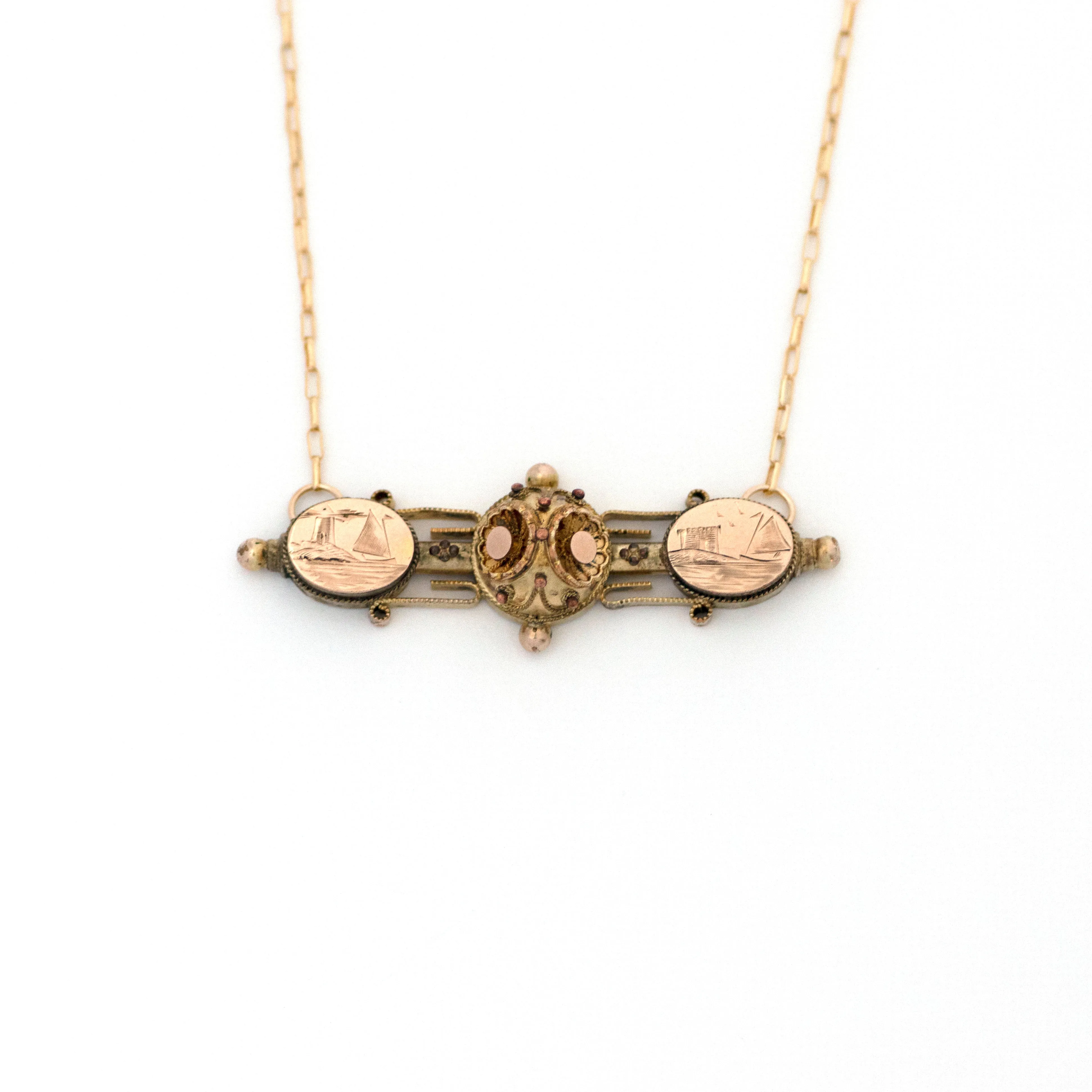 Etruscan Revival Ships Sailing Landscape Bar Necklace
