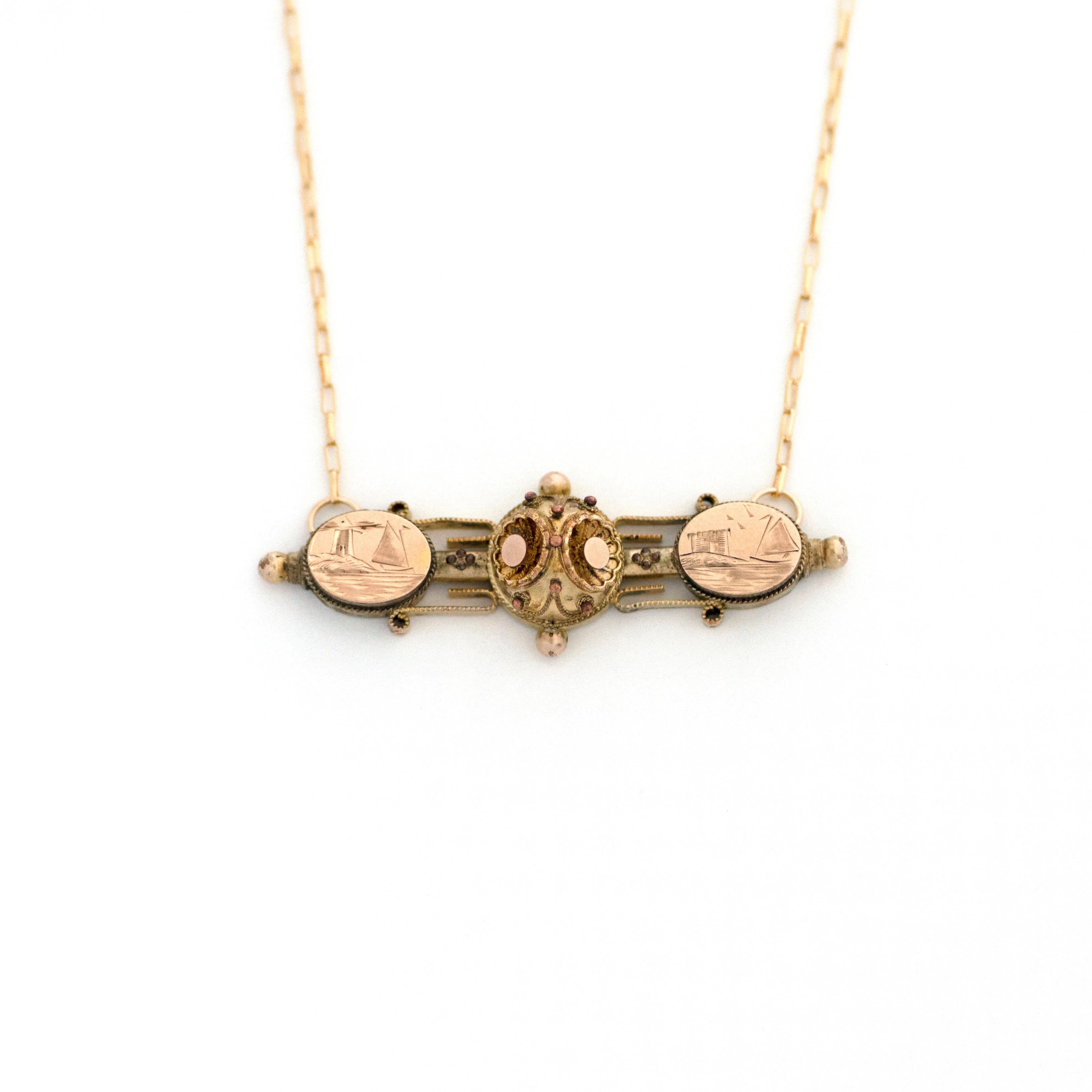 Etruscan Revival Ships Sailing Landscape Bar Necklace