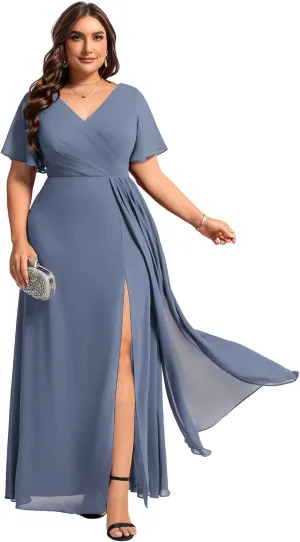 Ever-Pretty Plus Women's V Neck Chiffon Ruched Ruffles Sleeves Side Slit Floor Length Plus Size Bridesmaid Dresses S0050-DA