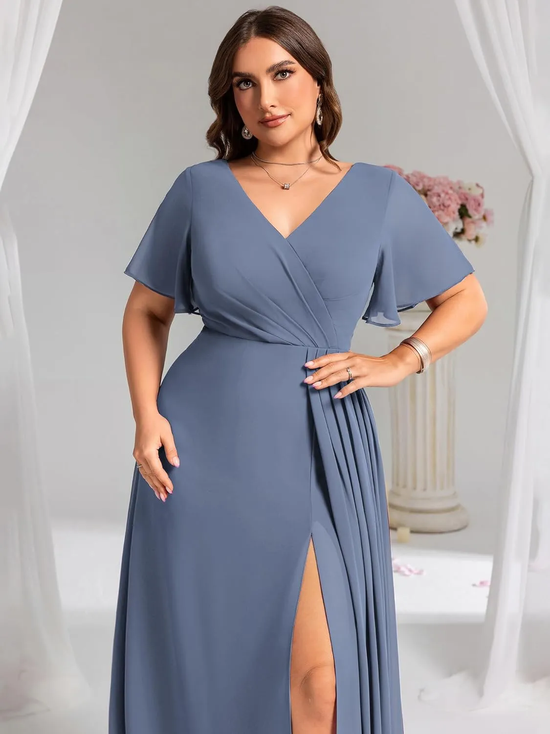 Ever-Pretty Plus Women's V Neck Chiffon Ruched Ruffles Sleeves Side Slit Floor Length Plus Size Bridesmaid Dresses S0050-DA