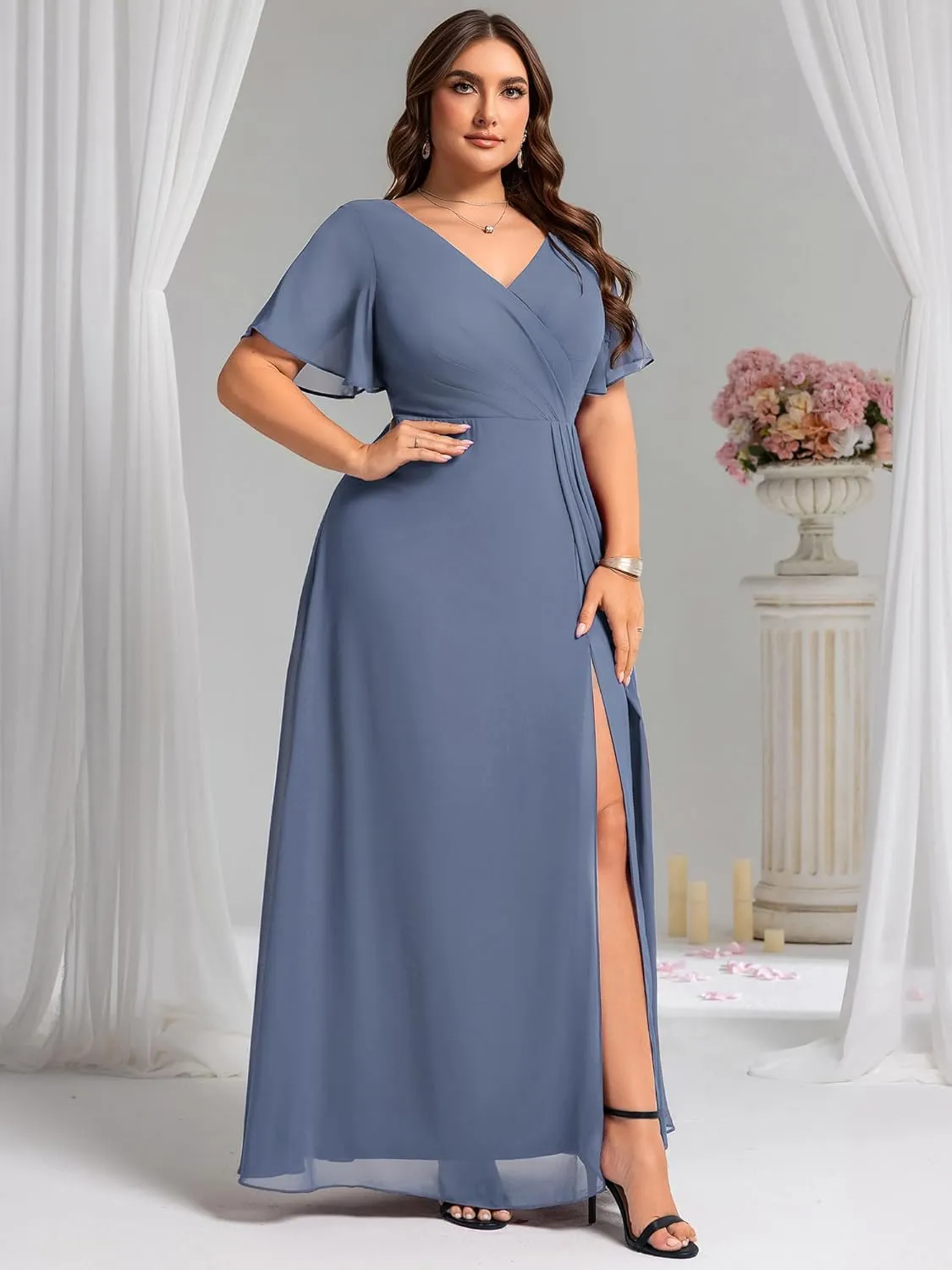 Ever-Pretty Plus Women's V Neck Chiffon Ruched Ruffles Sleeves Side Slit Floor Length Plus Size Bridesmaid Dresses S0050-DA