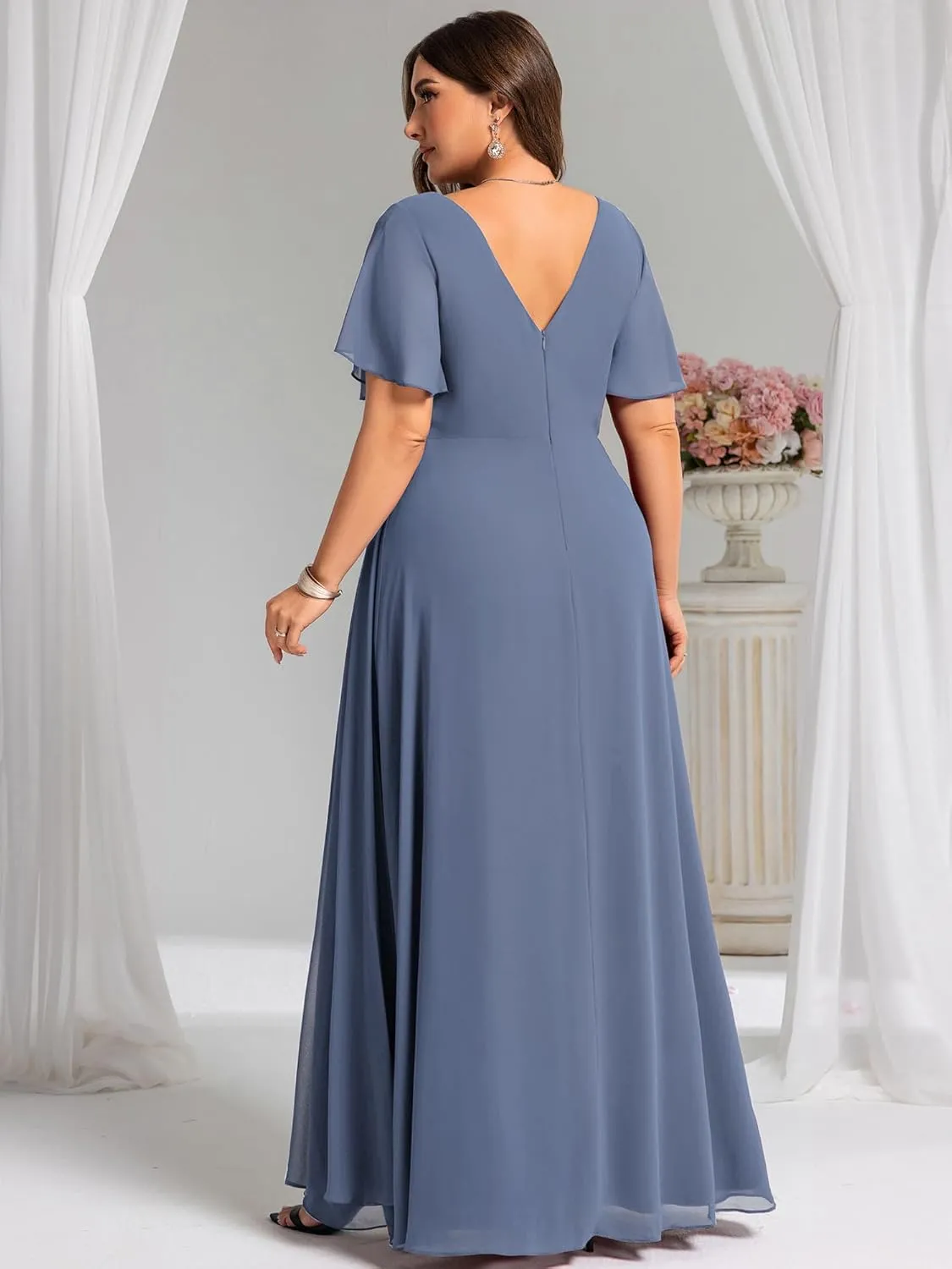 Ever-Pretty Plus Women's V Neck Chiffon Ruched Ruffles Sleeves Side Slit Floor Length Plus Size Bridesmaid Dresses S0050-DA