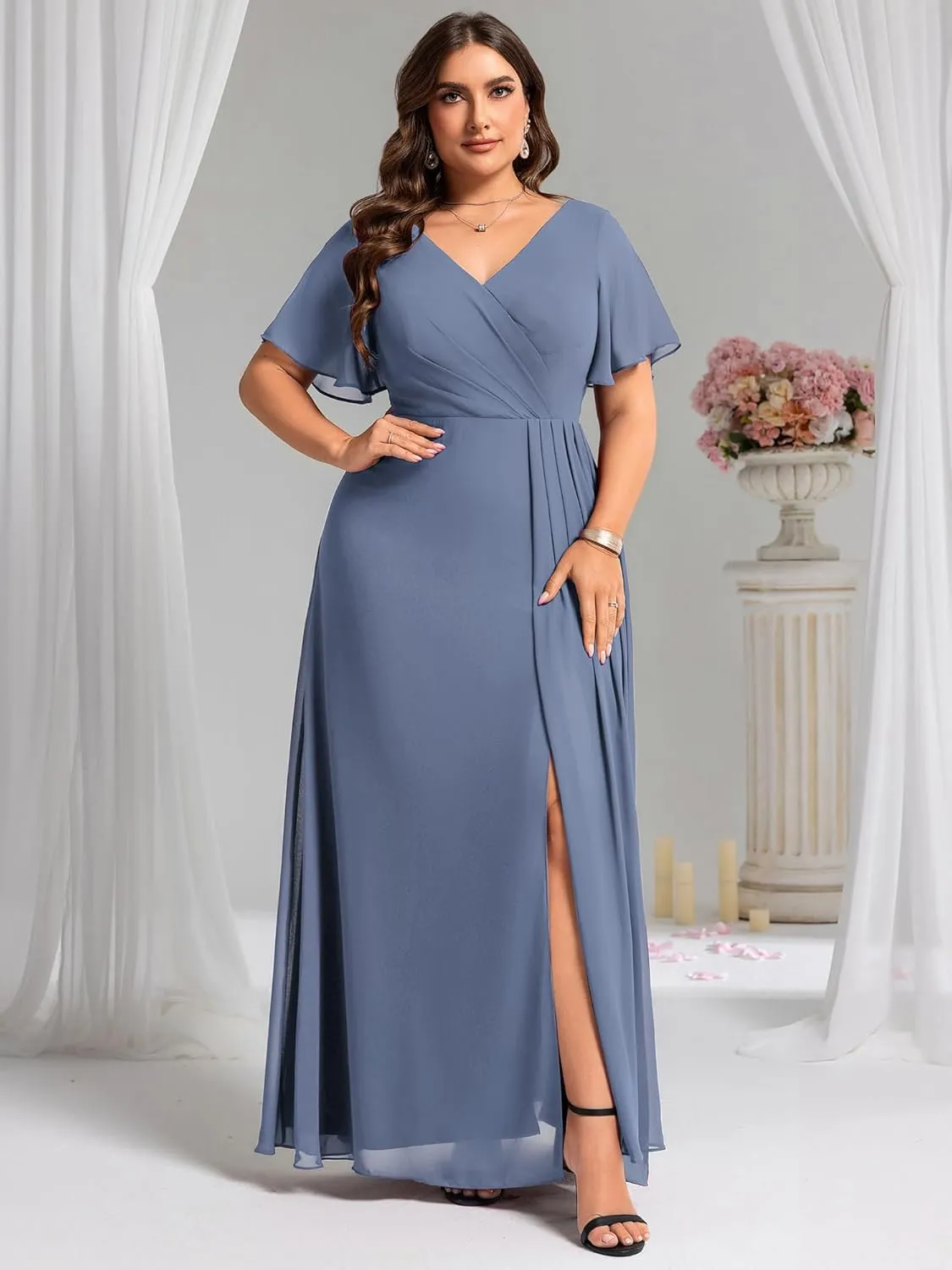 Ever-Pretty Plus Women's V Neck Chiffon Ruched Ruffles Sleeves Side Slit Floor Length Plus Size Bridesmaid Dresses S0050-DA