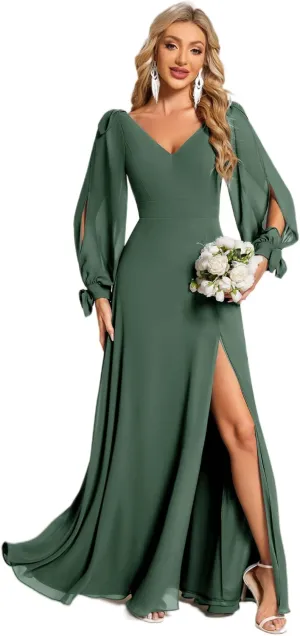 Ever-Pretty Women's Elegant Double V Neck Hollowed-Out Long Sleeves High Waist Split Chiffon Formal Dress 80116
