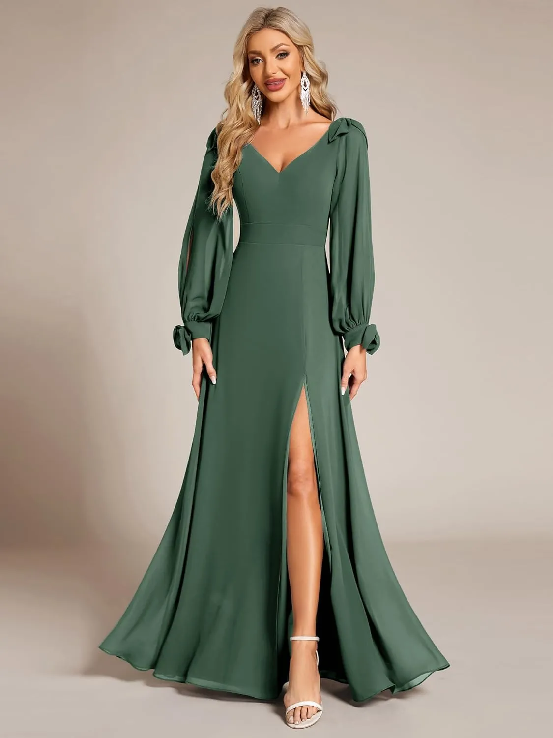 Ever-Pretty Women's Elegant Double V Neck Hollowed-Out Long Sleeves High Waist Split Chiffon Formal Dress 80116