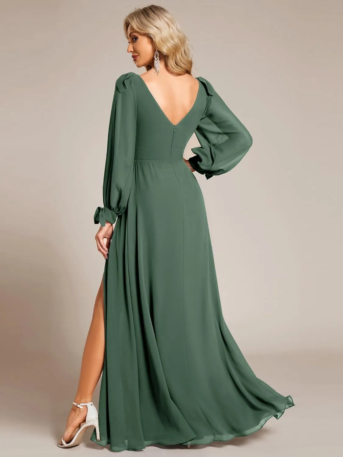 Ever-Pretty Women's Elegant Double V Neck Hollowed-Out Long Sleeves High Waist Split Chiffon Formal Dress 80116