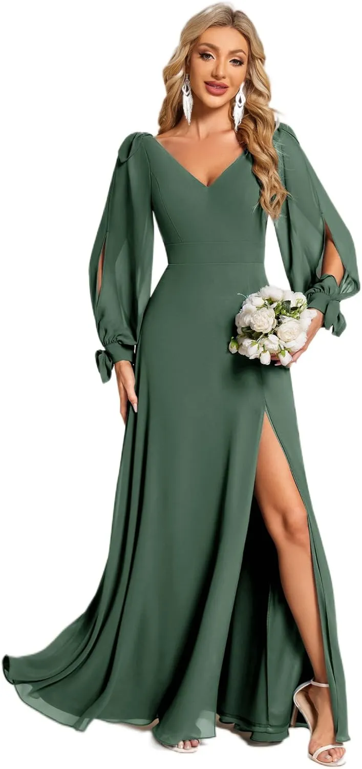 Ever-Pretty Women's Elegant Double V Neck Hollowed-Out Long Sleeves High Waist Split Chiffon Formal Dress 80116