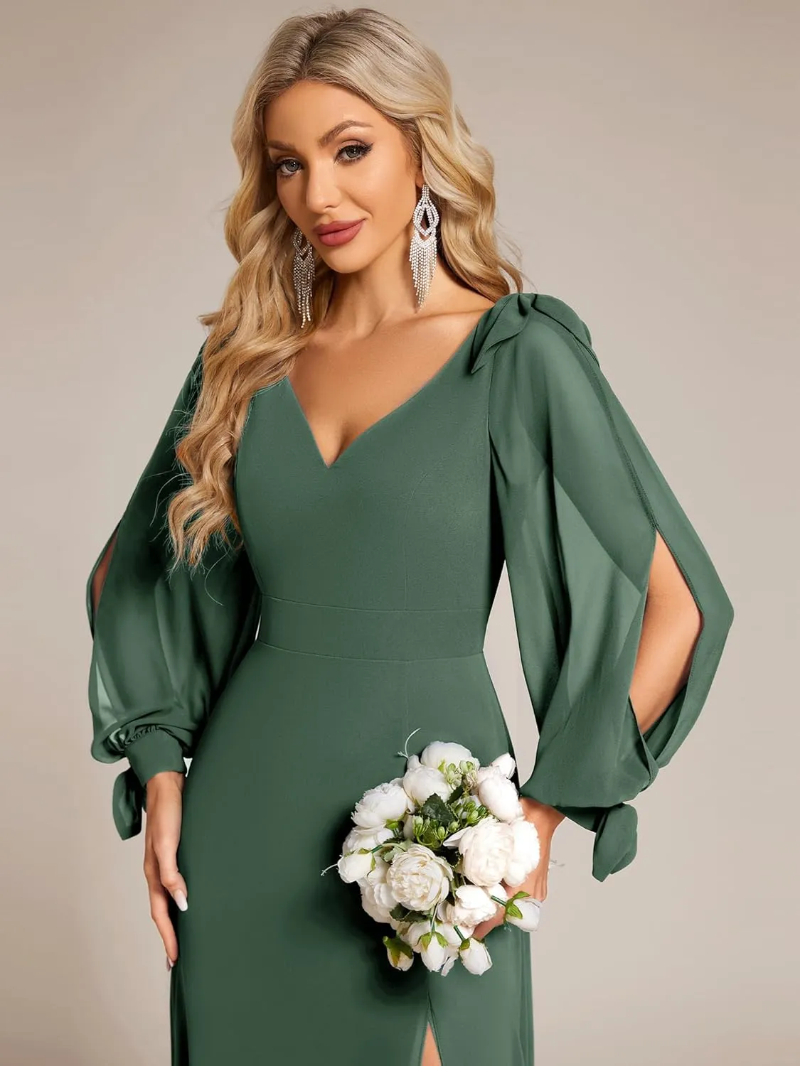 Ever-Pretty Women's Elegant Double V Neck Hollowed-Out Long Sleeves High Waist Split Chiffon Formal Dress 80116