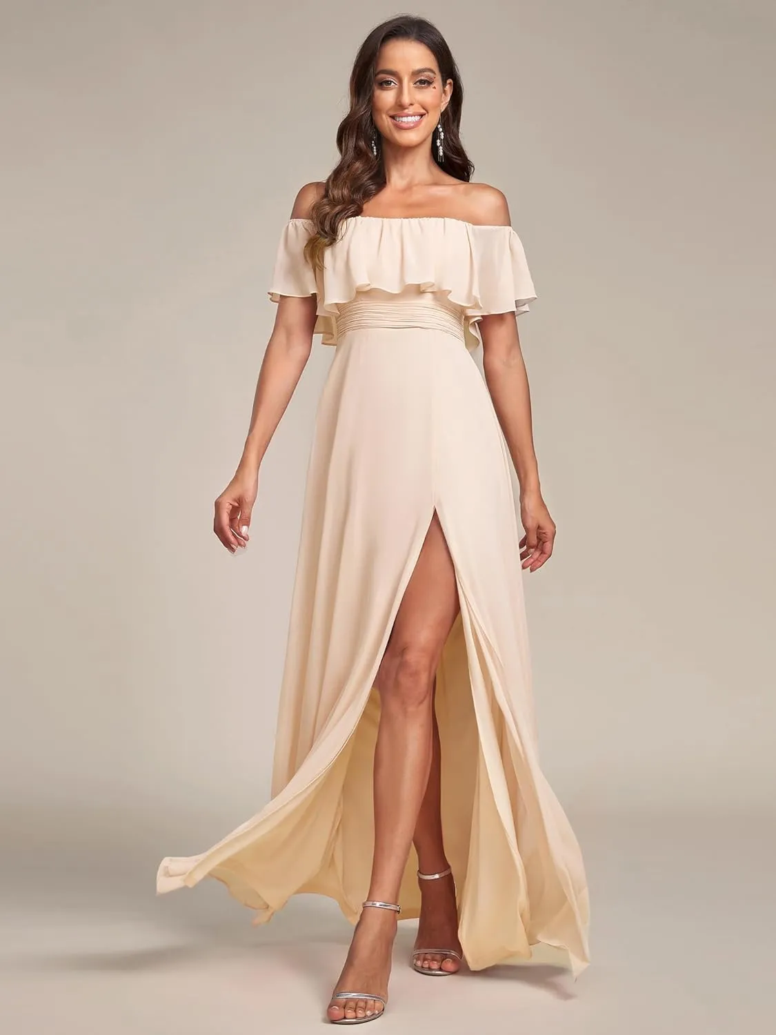 Ever-Pretty Women's Elegant Off The Shoulder Side Split High Waist Flowy Chiffon Maxi Bridesmaid Dress 00968