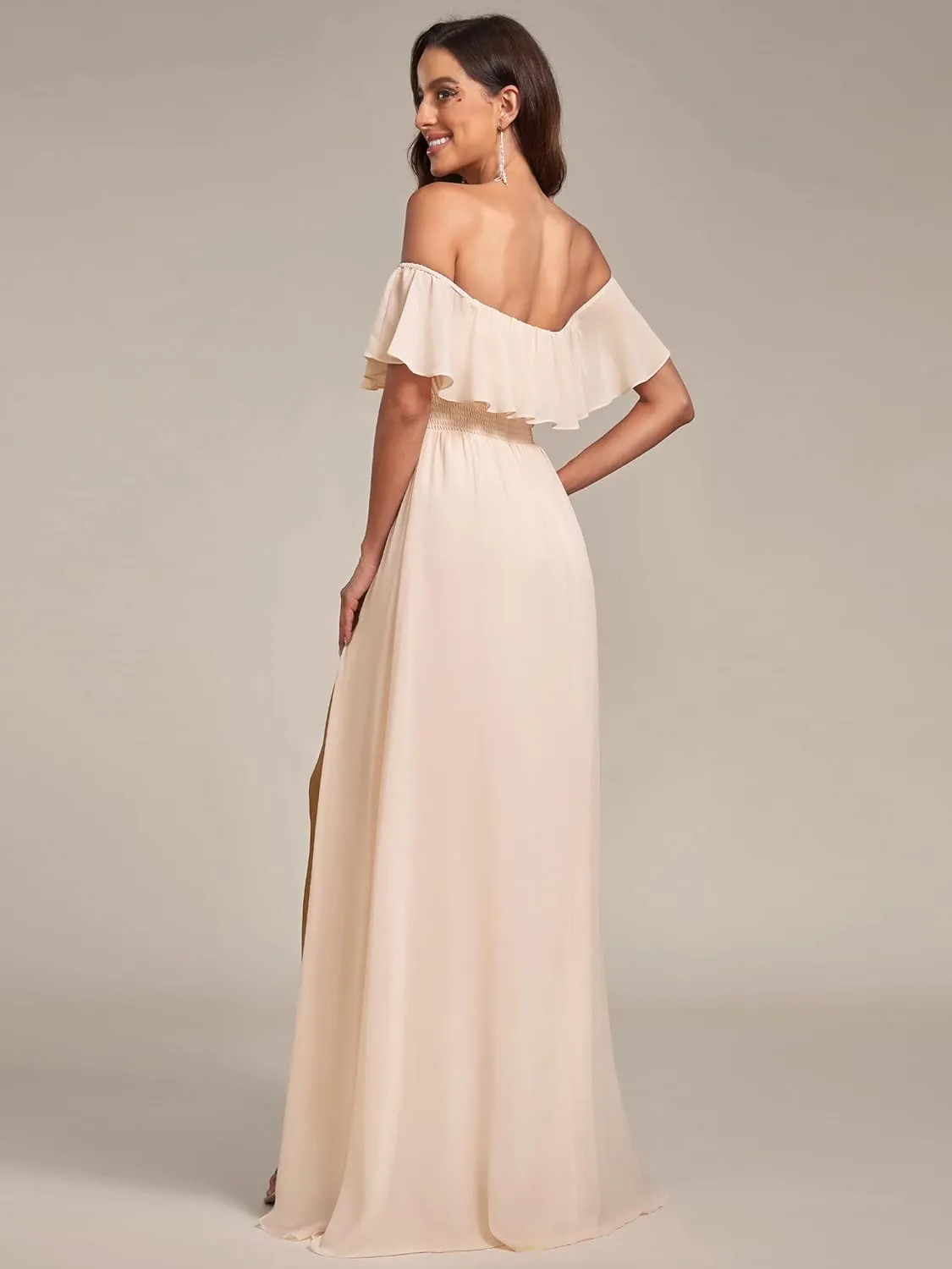 Ever-Pretty Women's Elegant Off The Shoulder Side Split High Waist Flowy Chiffon Maxi Bridesmaid Dress 00968