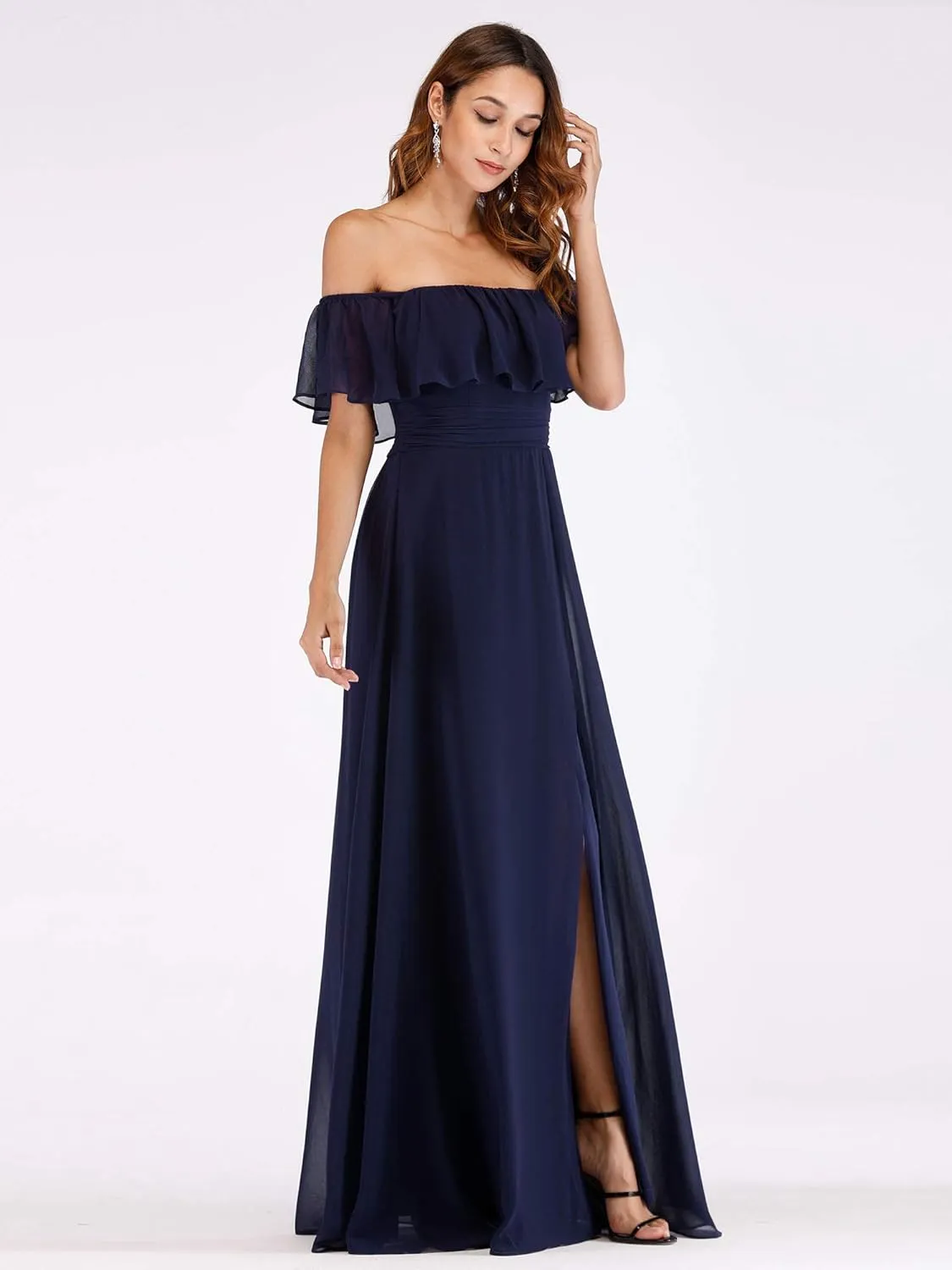 Ever-Pretty Women's Elegant Off The Shoulder Side Split High Waist Flowy Chiffon Maxi Bridesmaid Dress 00968