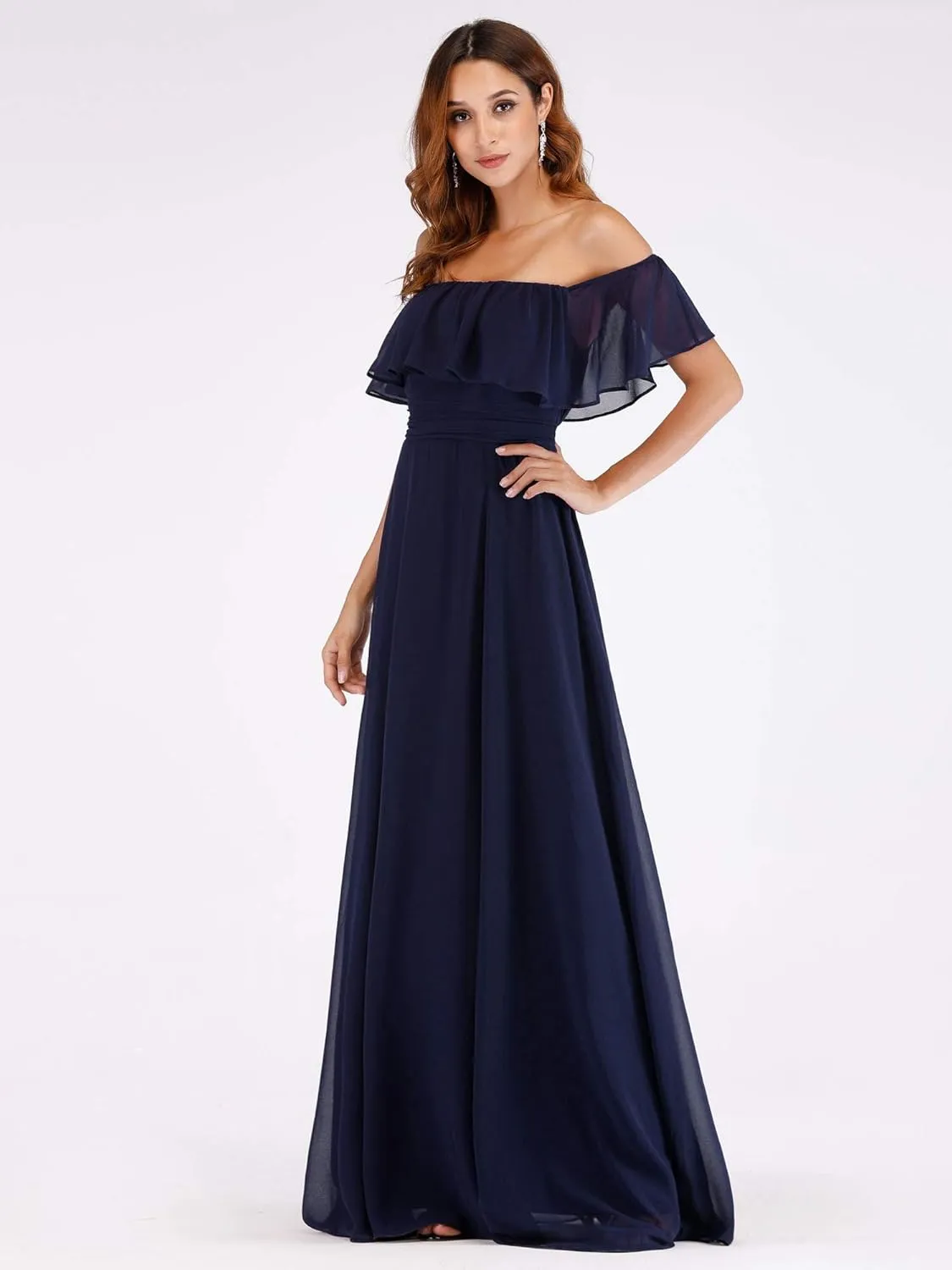 Ever-Pretty Women's Elegant Off The Shoulder Side Split High Waist Flowy Chiffon Maxi Bridesmaid Dress 00968