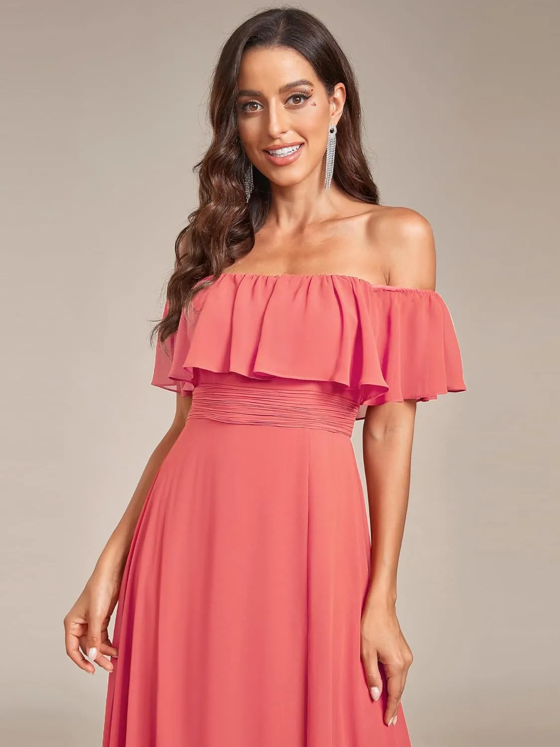 Ever-Pretty Women's Elegant Off The Shoulder Side Split High Waist Flowy Chiffon Maxi Bridesmaid Dress 00968