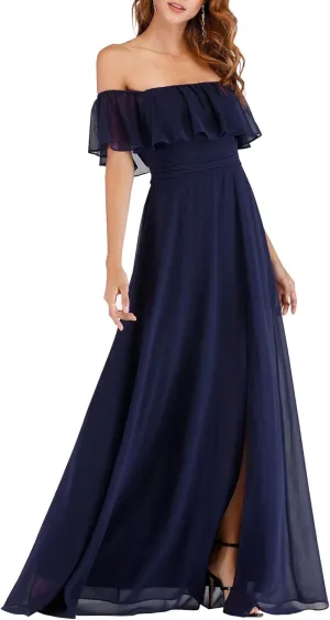 Ever-Pretty Women's Elegant Off The Shoulder Side Split High Waist Flowy Chiffon Maxi Bridesmaid Dress 00968