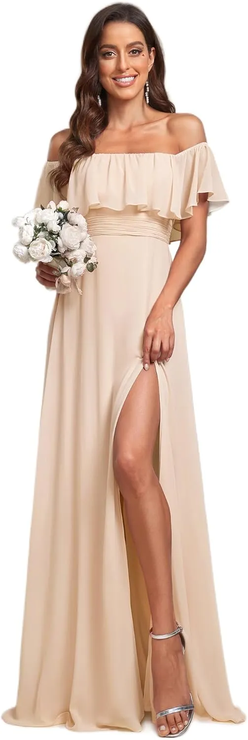 Ever-Pretty Women's Elegant Off The Shoulder Side Split High Waist Flowy Chiffon Maxi Bridesmaid Dress 00968