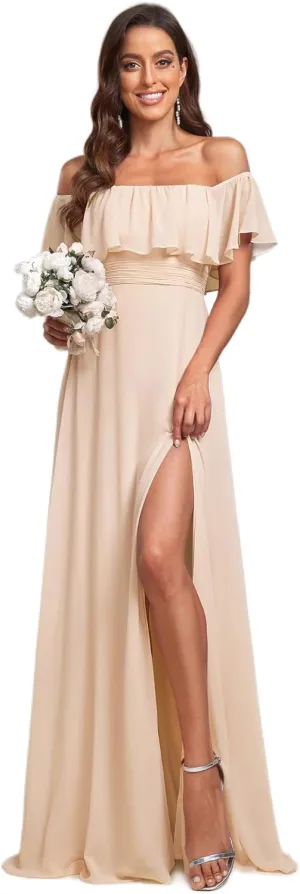Ever-Pretty Women's Elegant Off The Shoulder Side Split High Waist Flowy Chiffon Maxi Bridesmaid Dress 00968