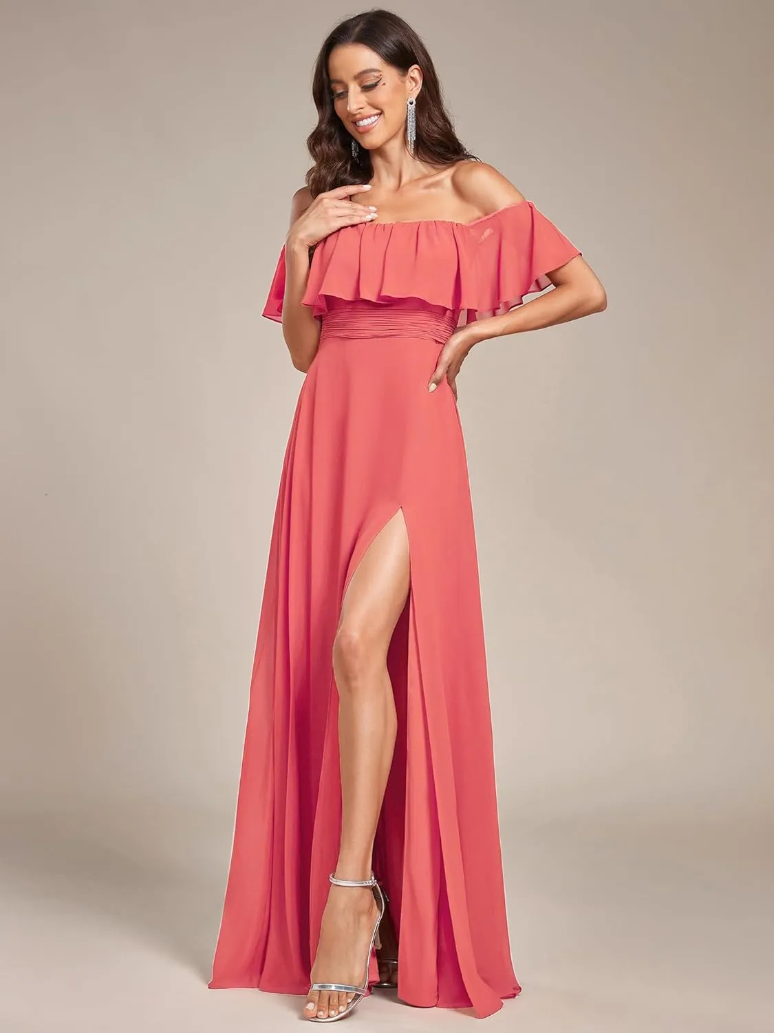 Ever-Pretty Women's Elegant Off The Shoulder Side Split High Waist Flowy Chiffon Maxi Bridesmaid Dress 00968