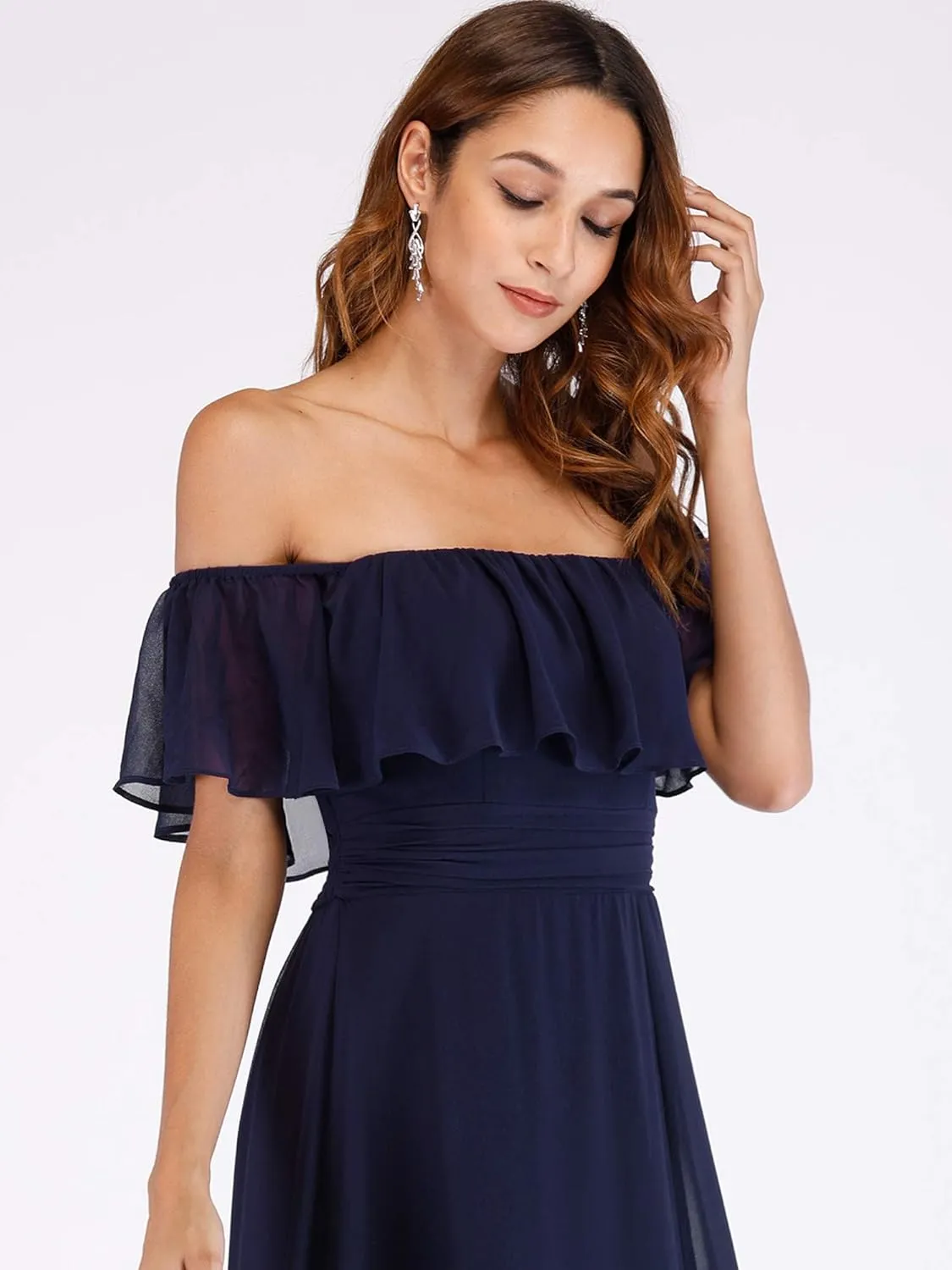 Ever-Pretty Women's Elegant Off The Shoulder Side Split High Waist Flowy Chiffon Maxi Bridesmaid Dress 00968