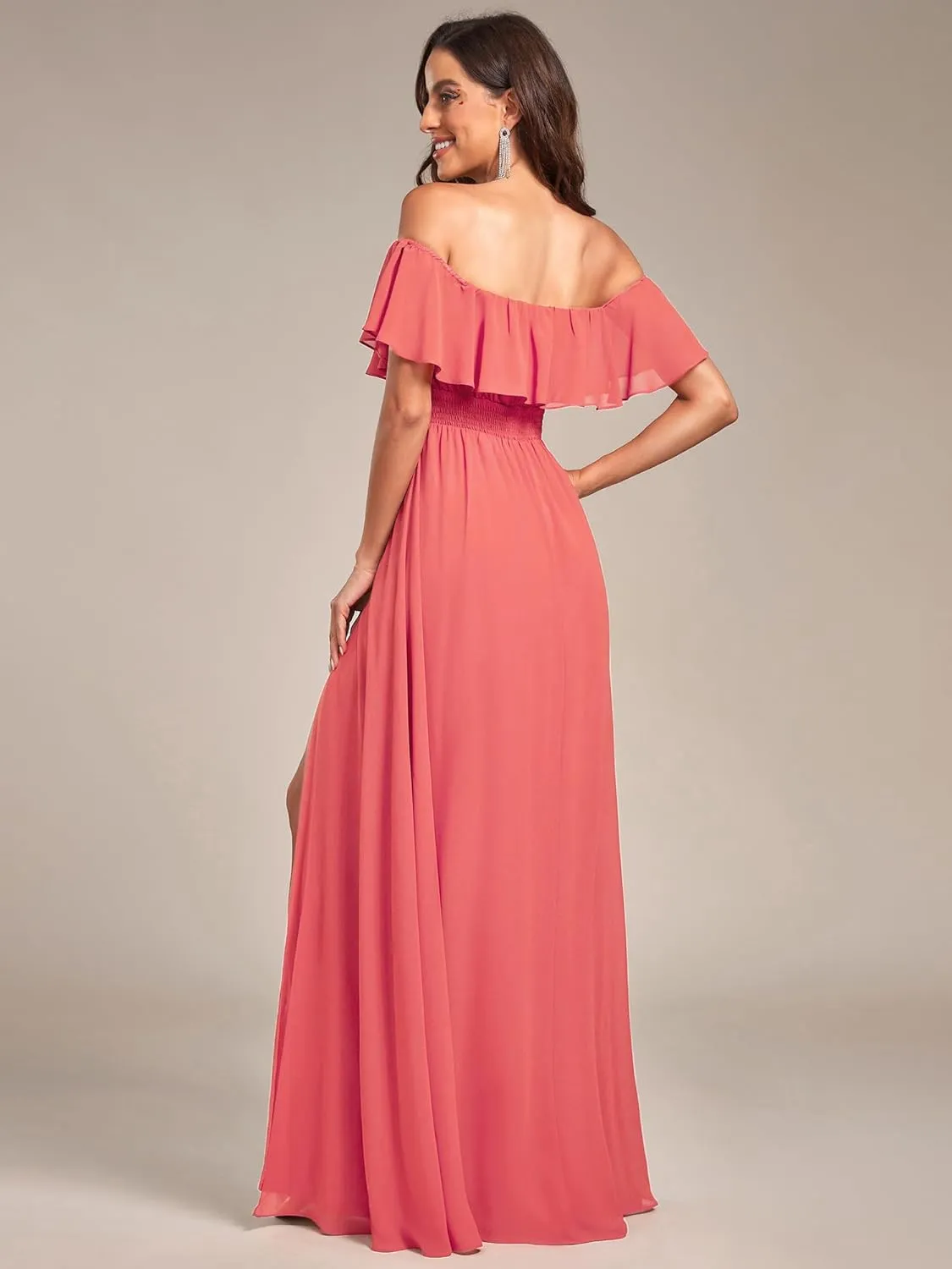 Ever-Pretty Women's Elegant Off The Shoulder Side Split High Waist Flowy Chiffon Maxi Bridesmaid Dress 00968