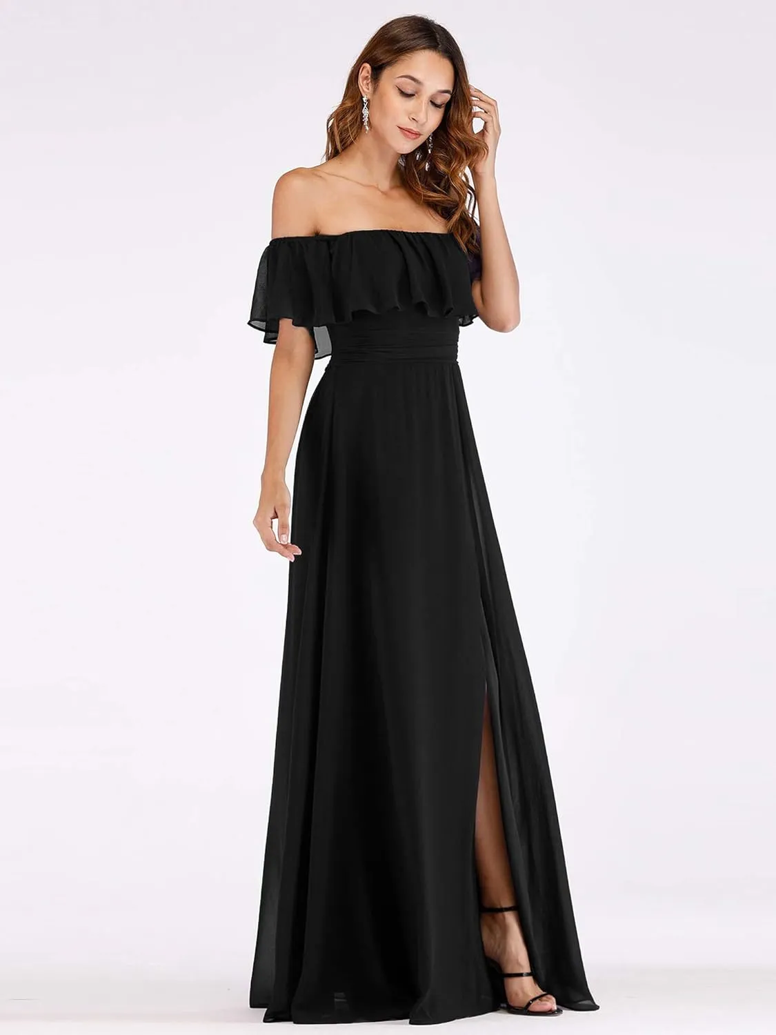 Ever-Pretty Women's Elegant Off The Shoulder Side Split High Waist Flowy Chiffon Maxi Bridesmaid Dress 00968