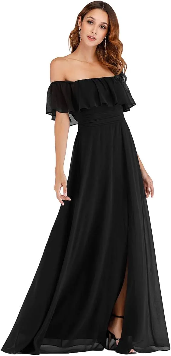 Ever-Pretty Women's Elegant Off The Shoulder Side Split High Waist Flowy Chiffon Maxi Bridesmaid Dress 00968