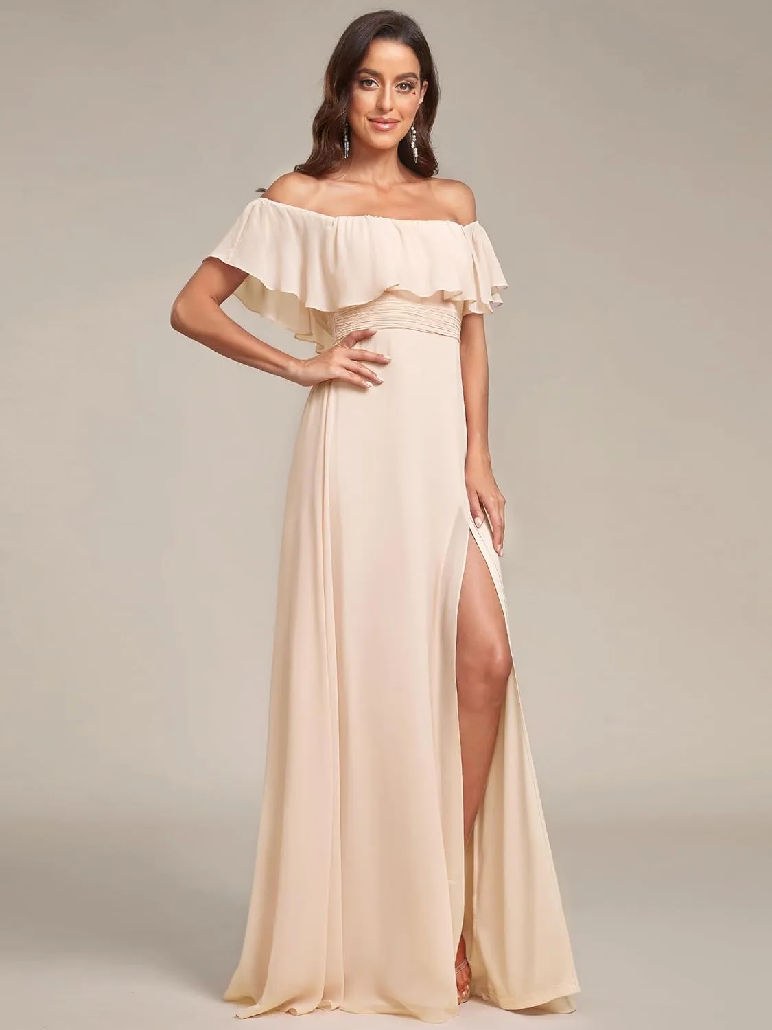 Ever-Pretty Women's Elegant Off The Shoulder Side Split High Waist Flowy Chiffon Maxi Bridesmaid Dress 00968