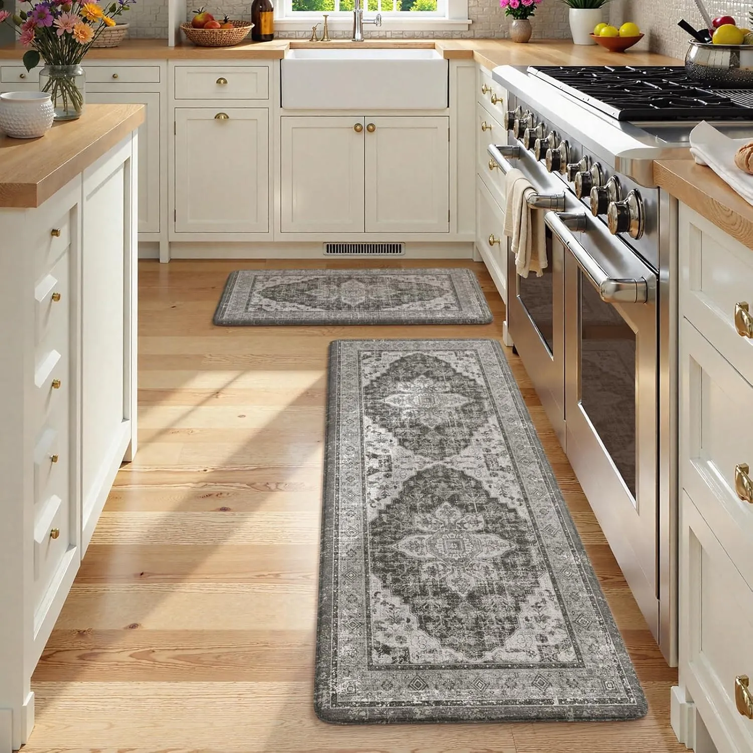 Farmhouse Kitchen Rugs Sets of 2, Anti Fatigue Mats for Kitchen Floor Non Slip Kitchen Mat, Cushion Kitchen Mats for Floor Boho Runner Rug for Laundry Hallway 17"x47" 17"x28",Dark Grey