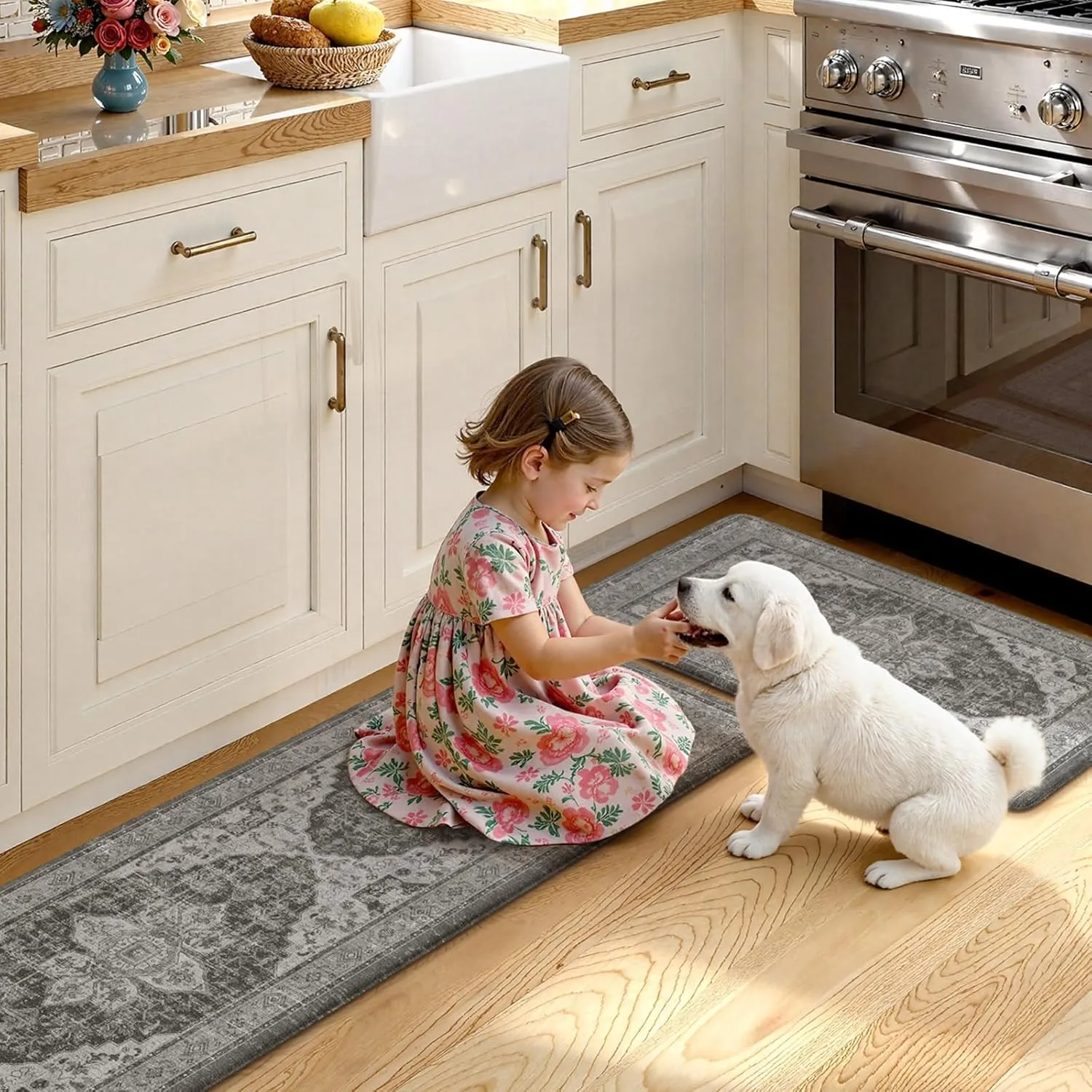 Farmhouse Kitchen Rugs Sets of 2, Anti Fatigue Mats for Kitchen Floor Non Slip Kitchen Mat, Cushion Kitchen Mats for Floor Boho Runner Rug for Laundry Hallway 17"x47" 17"x28",Dark Grey