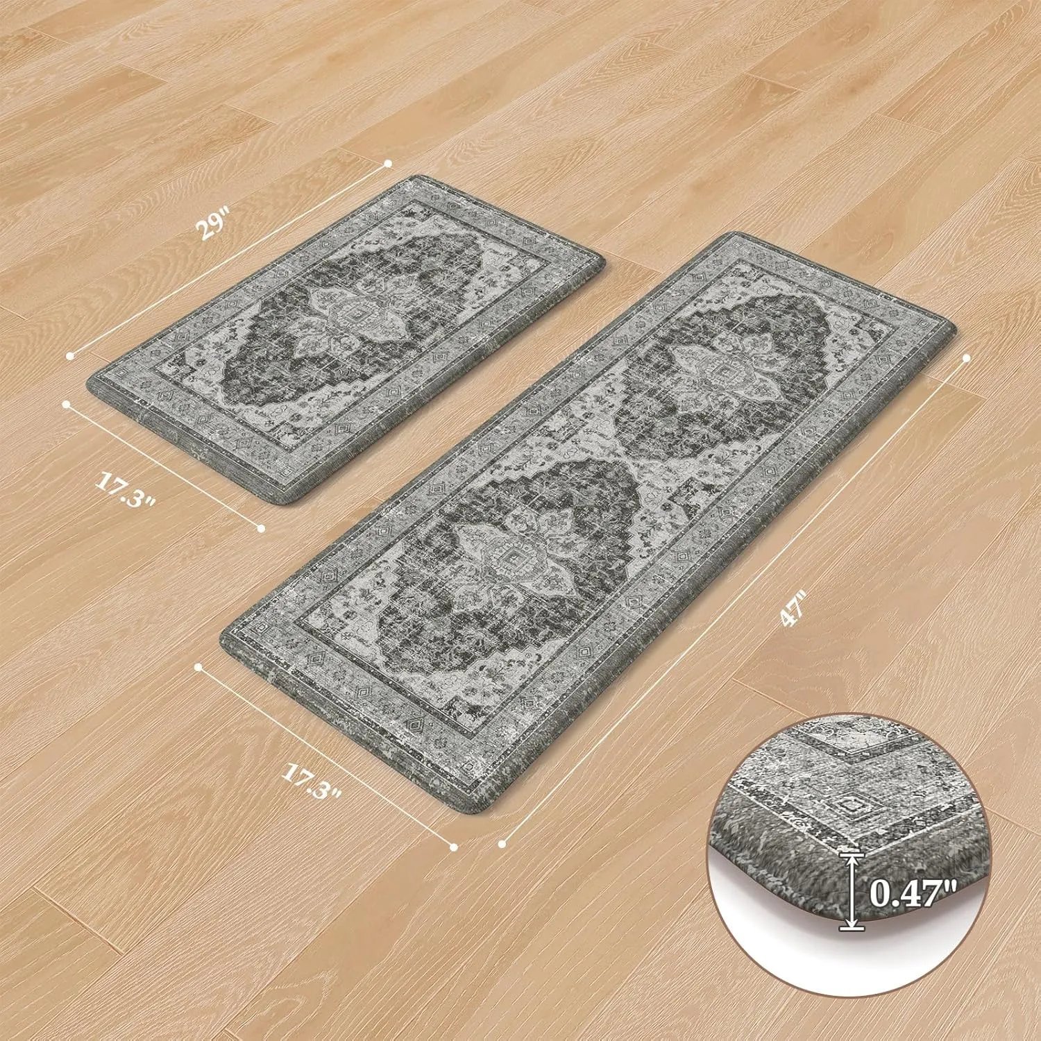 Farmhouse Kitchen Rugs Sets of 2, Anti Fatigue Mats for Kitchen Floor Non Slip Kitchen Mat, Cushion Kitchen Mats for Floor Boho Runner Rug for Laundry Hallway 17"x47" 17"x28",Dark Grey