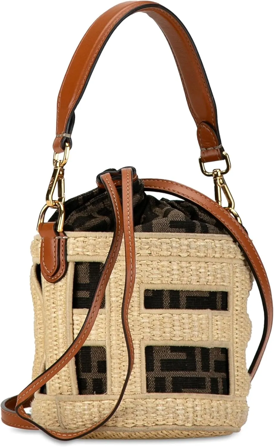 FENDI Step Out Bucket Bag, Mini Canvas and Leather, Woven Pattern FF Logo