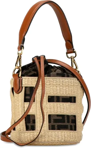 FENDI Step Out Bucket Bag, Mini Canvas and Leather, Woven Pattern FF Logo