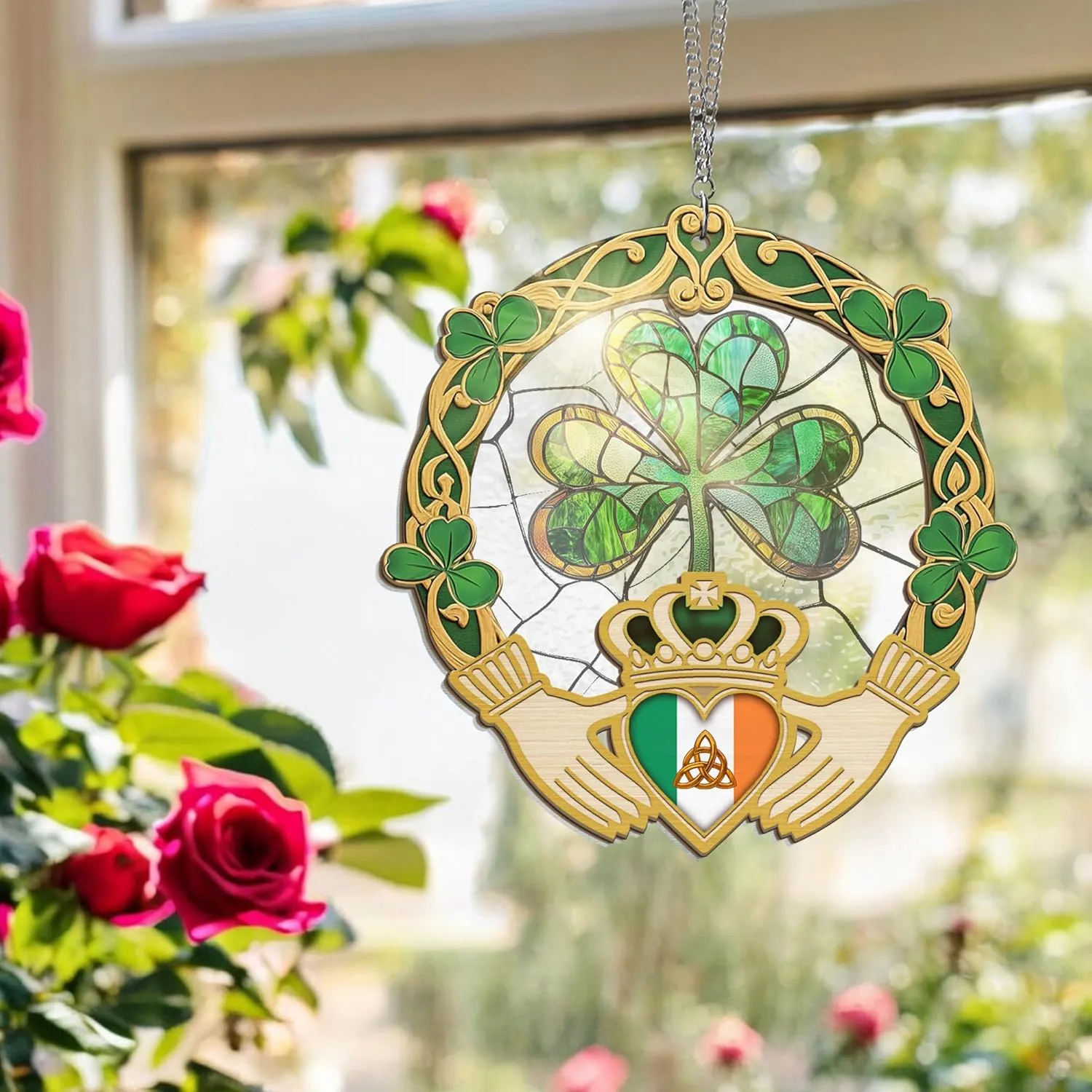 FLAGWIX St Patricks Day Decorations - Double Layered Hanging Suncatcher 6 in - St Patricks Day Accessories, Shamrock Decorations, Irish Gifts for Women Men Friends Family
