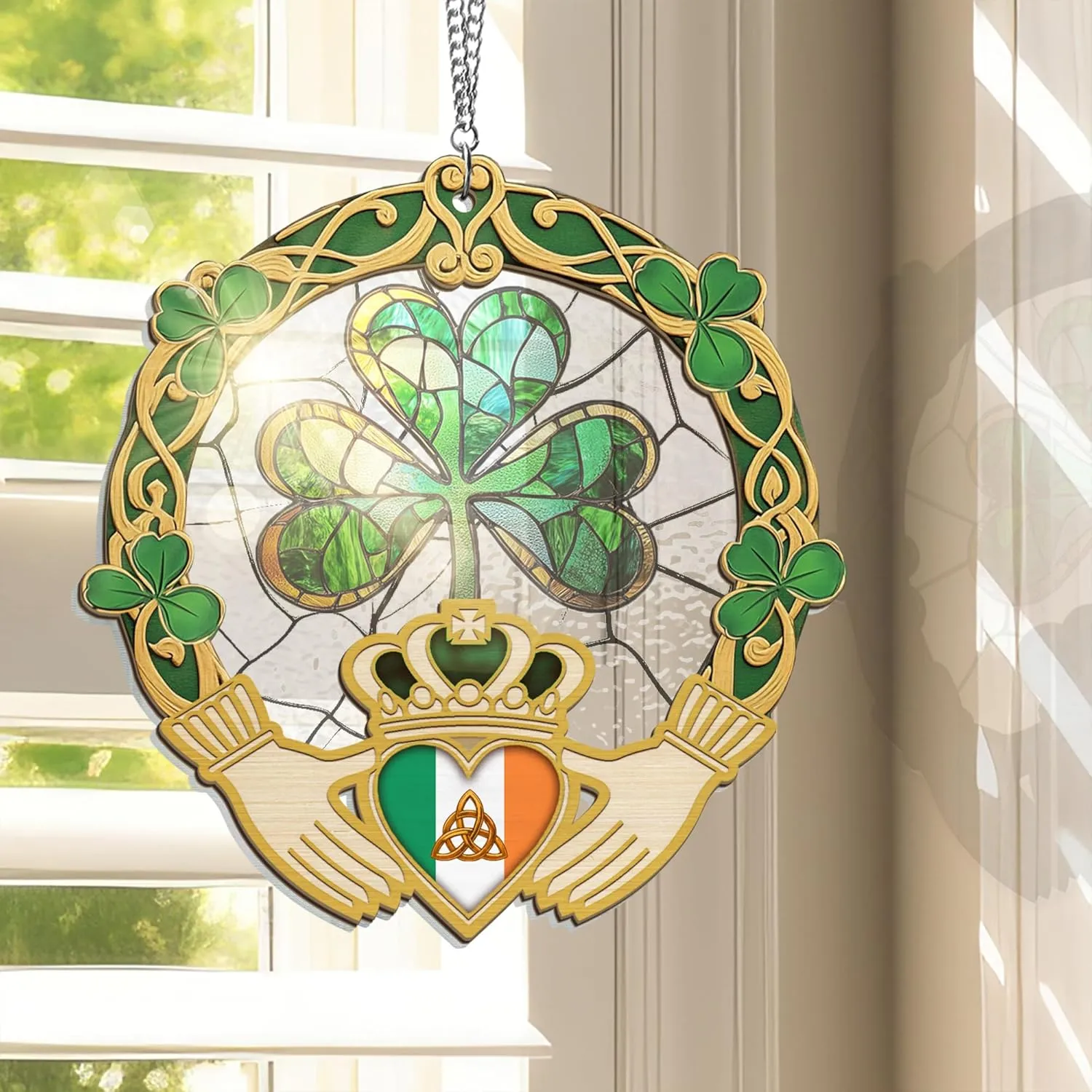 FLAGWIX St Patricks Day Decorations - Double Layered Hanging Suncatcher 6 in - St Patricks Day Accessories, Shamrock Decorations, Irish Gifts for Women Men Friends Family