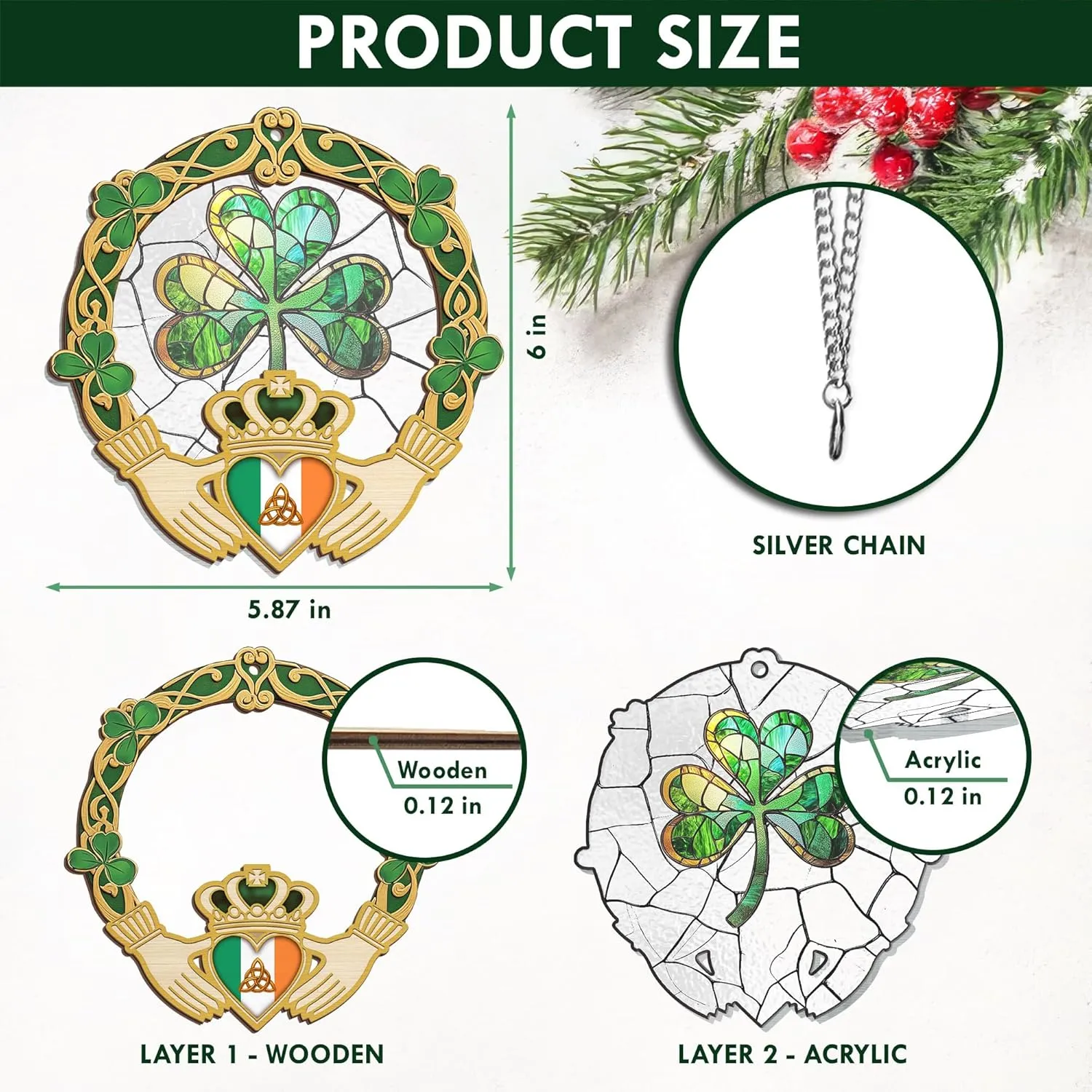 FLAGWIX St Patricks Day Decorations - Double Layered Hanging Suncatcher 6 in - St Patricks Day Accessories, Shamrock Decorations, Irish Gifts for Women Men Friends Family