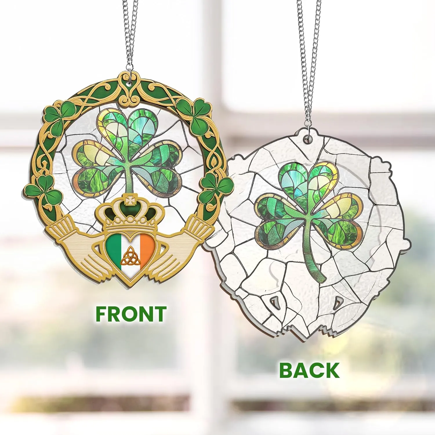 FLAGWIX St Patricks Day Decorations - Double Layered Hanging Suncatcher 6 in - St Patricks Day Accessories, Shamrock Decorations, Irish Gifts for Women Men Friends Family