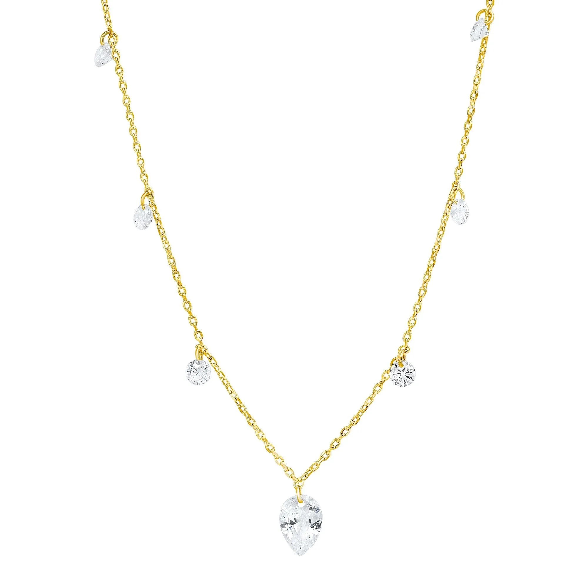 Floating CZ Station Necklace with Pear Shaped CZ Pendant