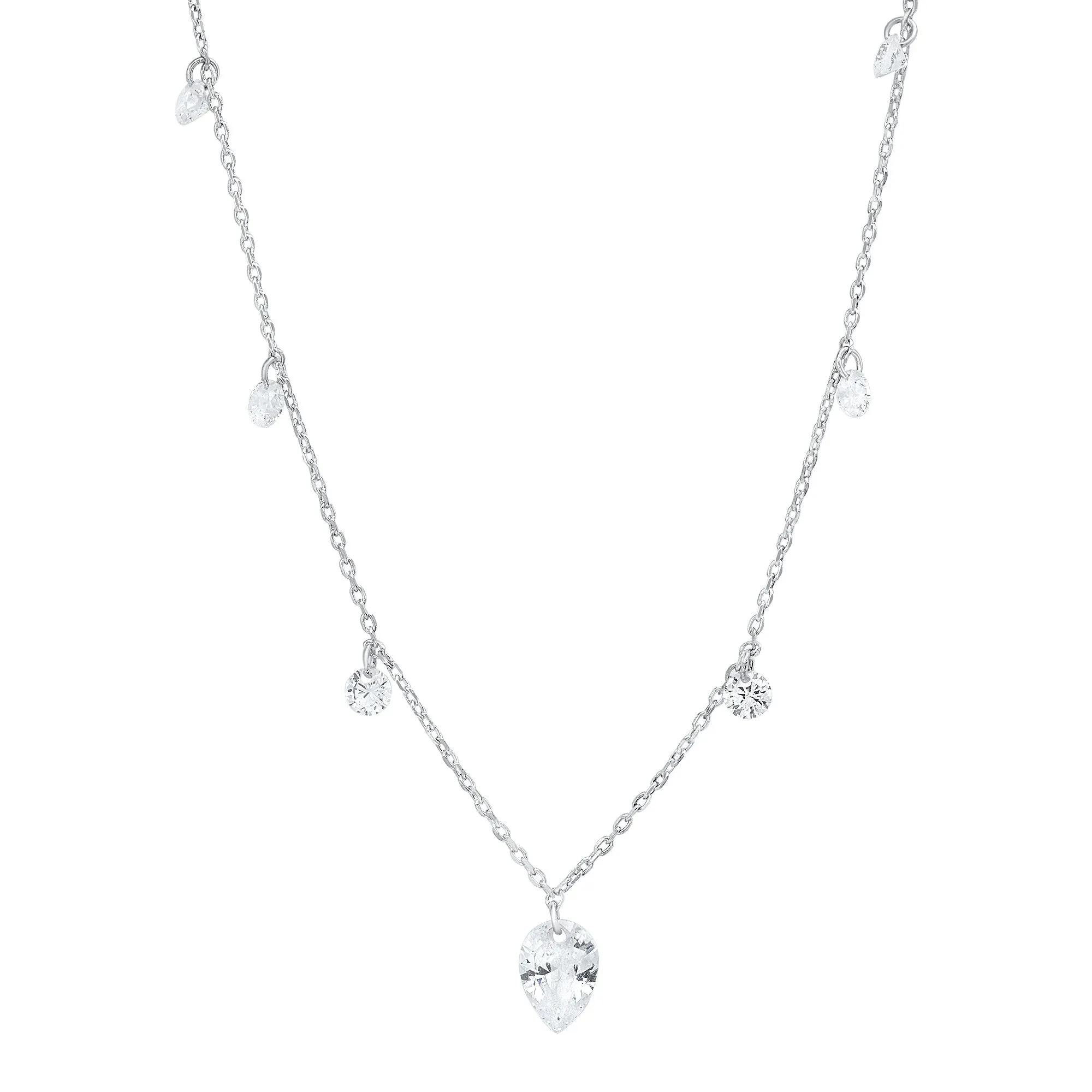 Floating CZ Station Necklace with Pear Shaped CZ Pendant