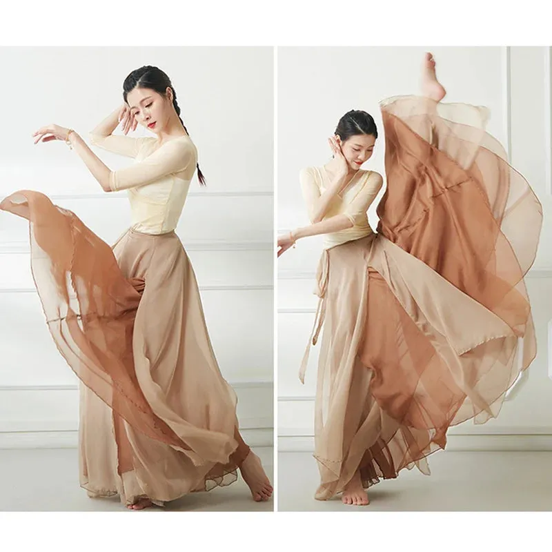 Flowy Chiffon Dance Skirt 800-100cm Long Double Layer, Large Swing Ethnic Costume for Classical Stage Performance