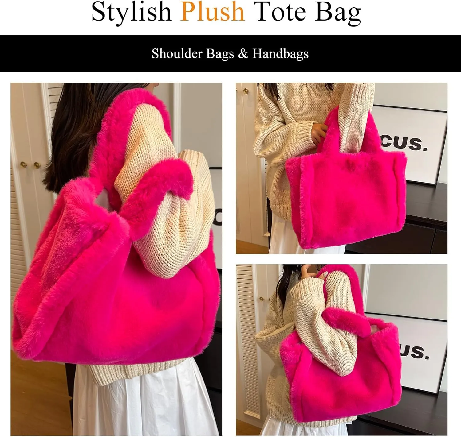 Fluffy Tote Bag Large Fur Purses for Women Winter Fuzzy Totes Furry Shoulder Handbag Plush Bags