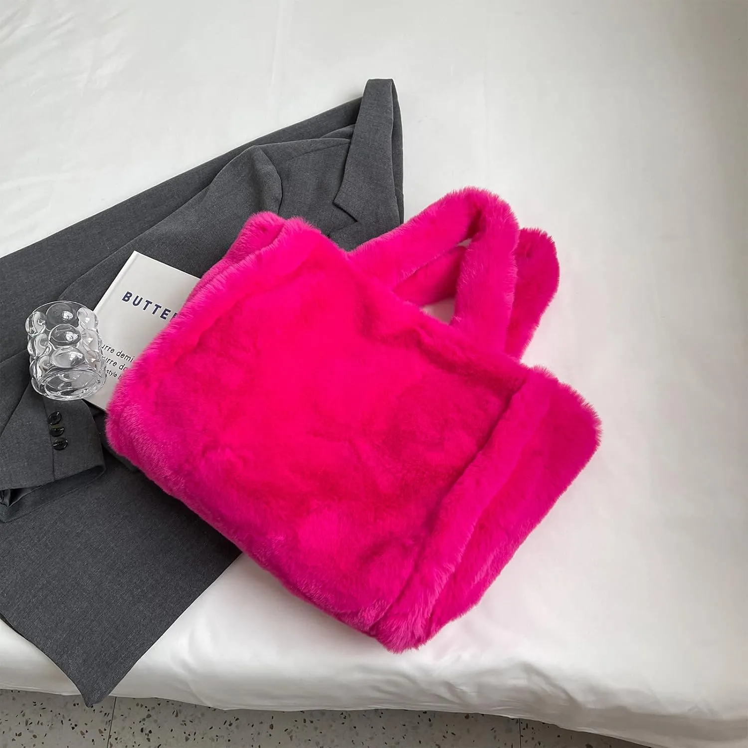 Fluffy Tote Bag Large Fur Purses for Women Winter Fuzzy Totes Furry Shoulder Handbag Plush Bags