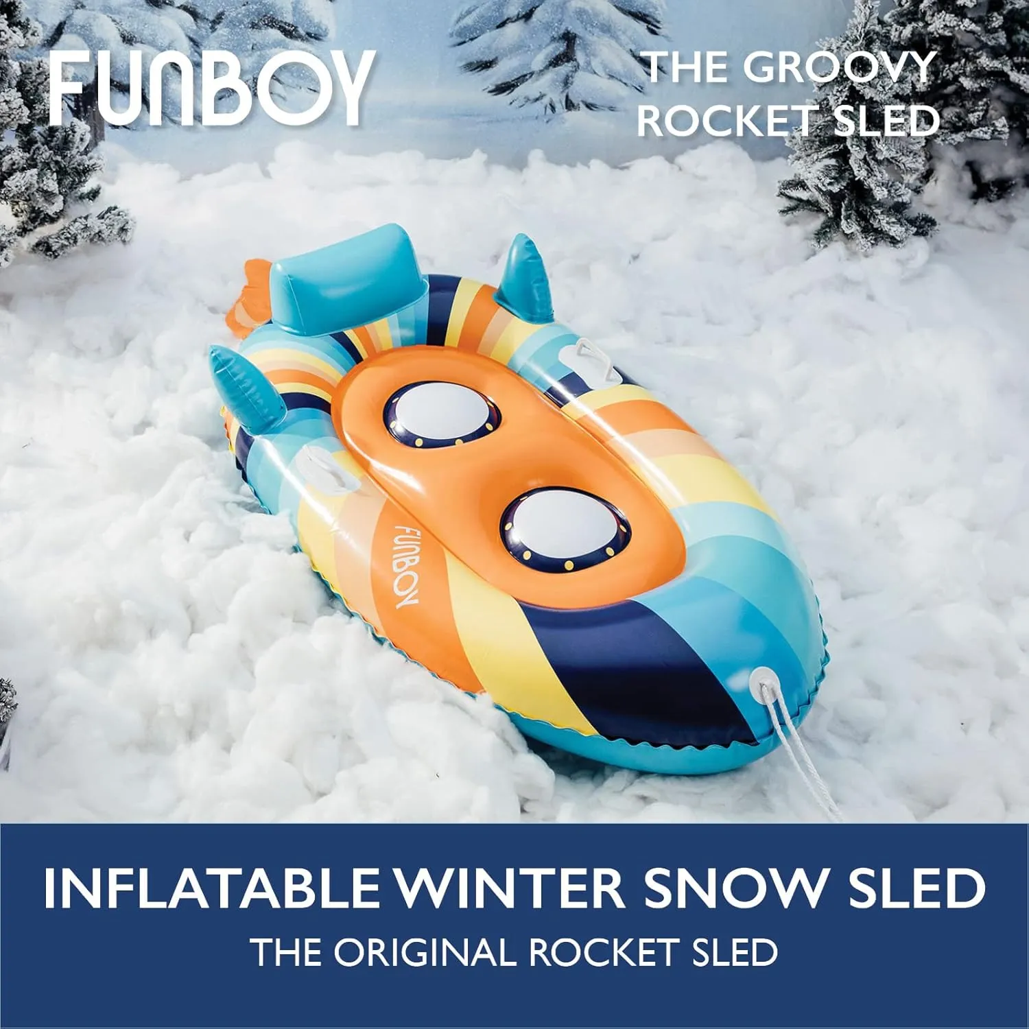 FUNBOY Winter Kids Inflatable Snow Sled, Rocket Groovy