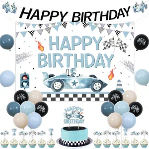 Funmemoir Race Car Birthday Party Decorations for Boys, Vintage Blue Watercolor Racing Car Happy Birthday Banner, Backdrop, Cake Cupcake Toppers, Balloons for 1st 2nd 3rd Bday Party