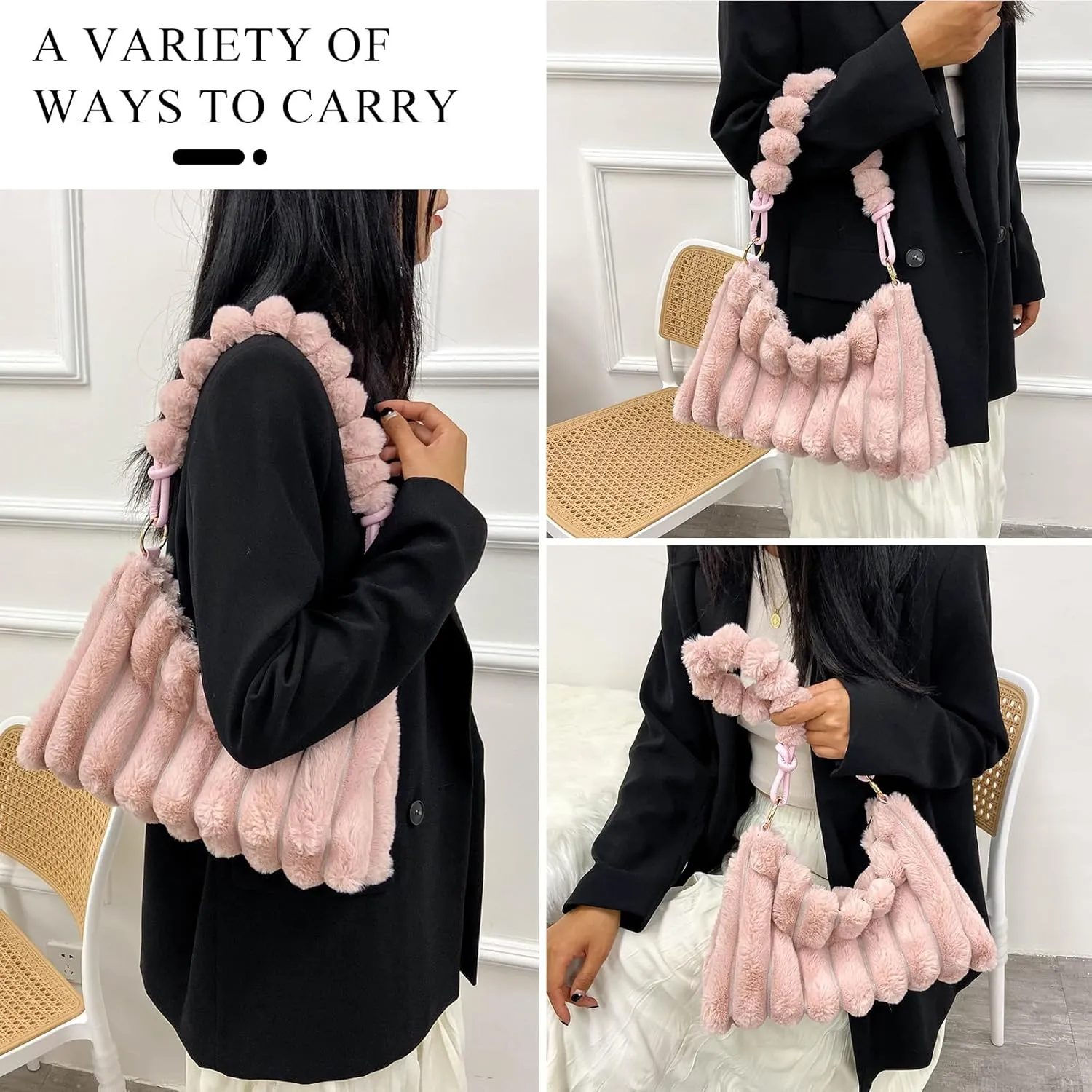 Furry Purse Y2K Fluffy Bags Faux Fur Purses for Women Fuzzy Tote Bag Plush Shoulder Handbags