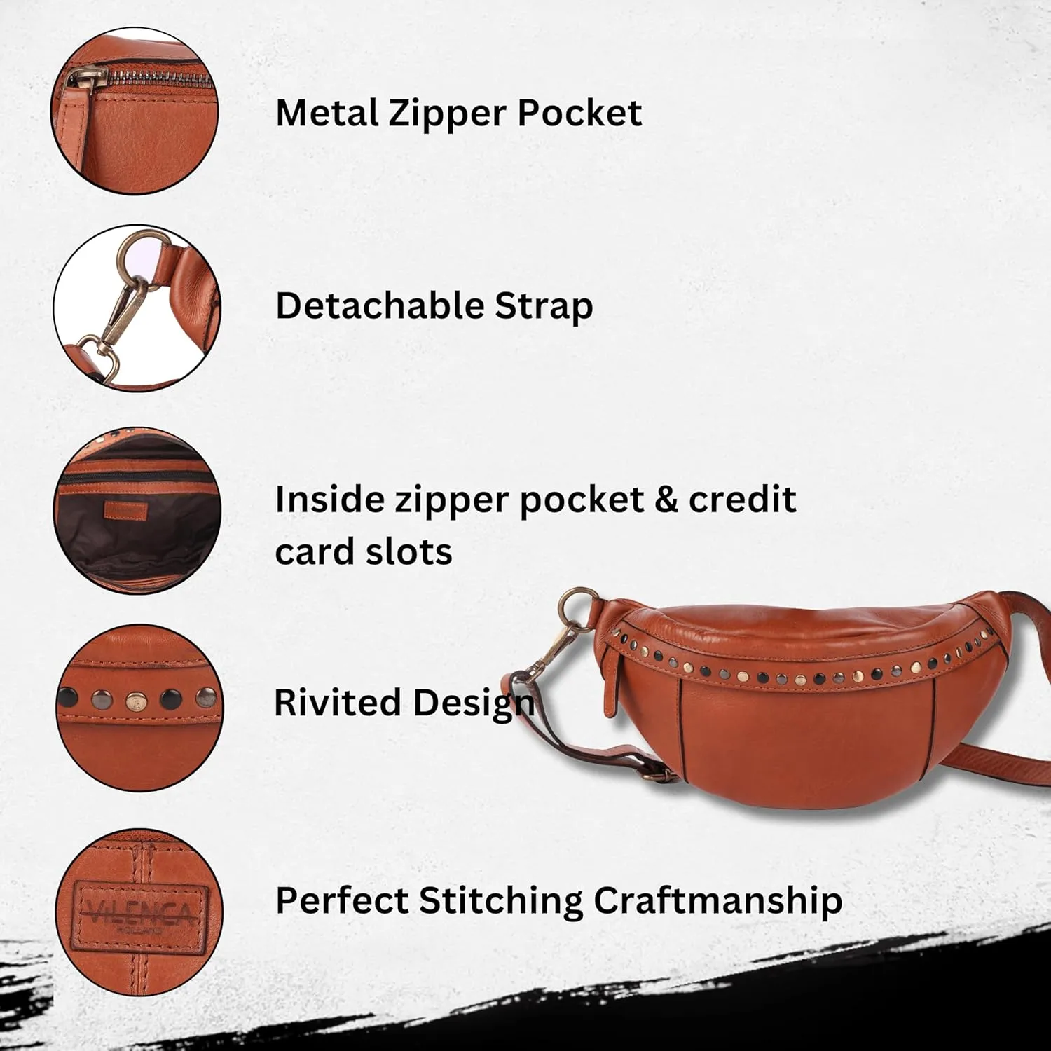 Genuine Italian Leather Boho Studded Waist Bag – Stylish & Durable Unisex Travel Fanny Pack for Essentials (Cognac)