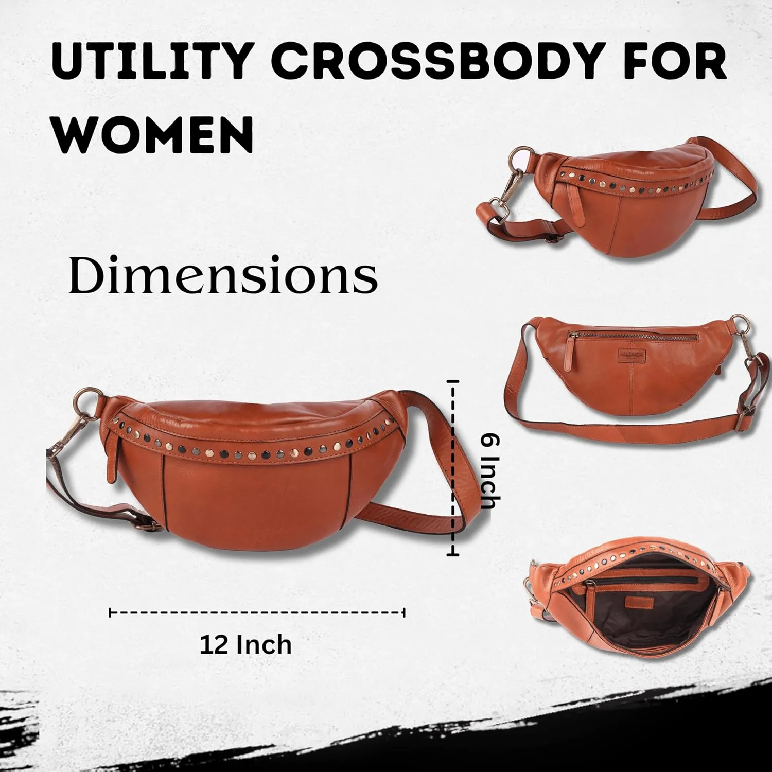 Genuine Italian Leather Boho Studded Waist Bag – Stylish & Durable Unisex Travel Fanny Pack for Essentials (Cognac)