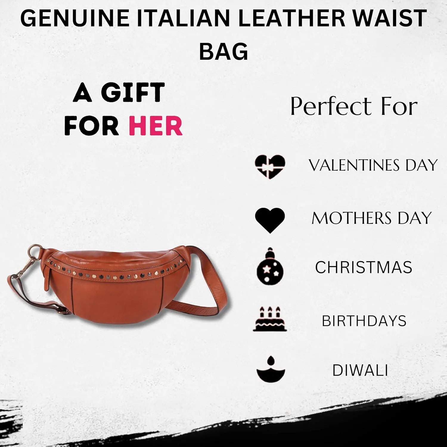 Genuine Italian Leather Boho Studded Waist Bag – Stylish & Durable Unisex Travel Fanny Pack for Essentials (Cognac)